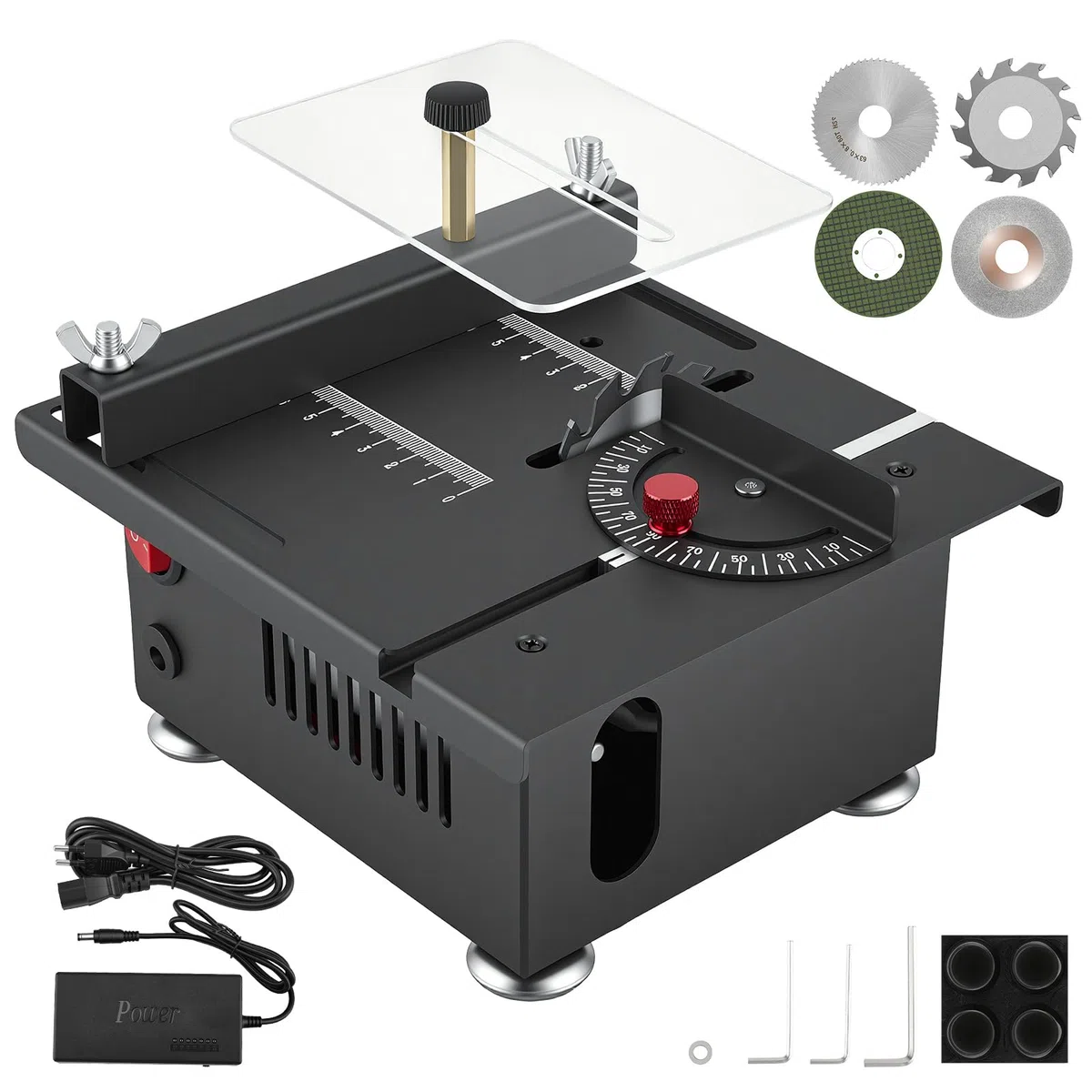 Mini Taglierina Circolare da Tavolo con 4 Lame 100W, con Alimentatore a 7 velocità, Altezza della Lama Regolabile da 0,1 a 16 mm, taglierina Circolare Multifunzionale e Portatile
