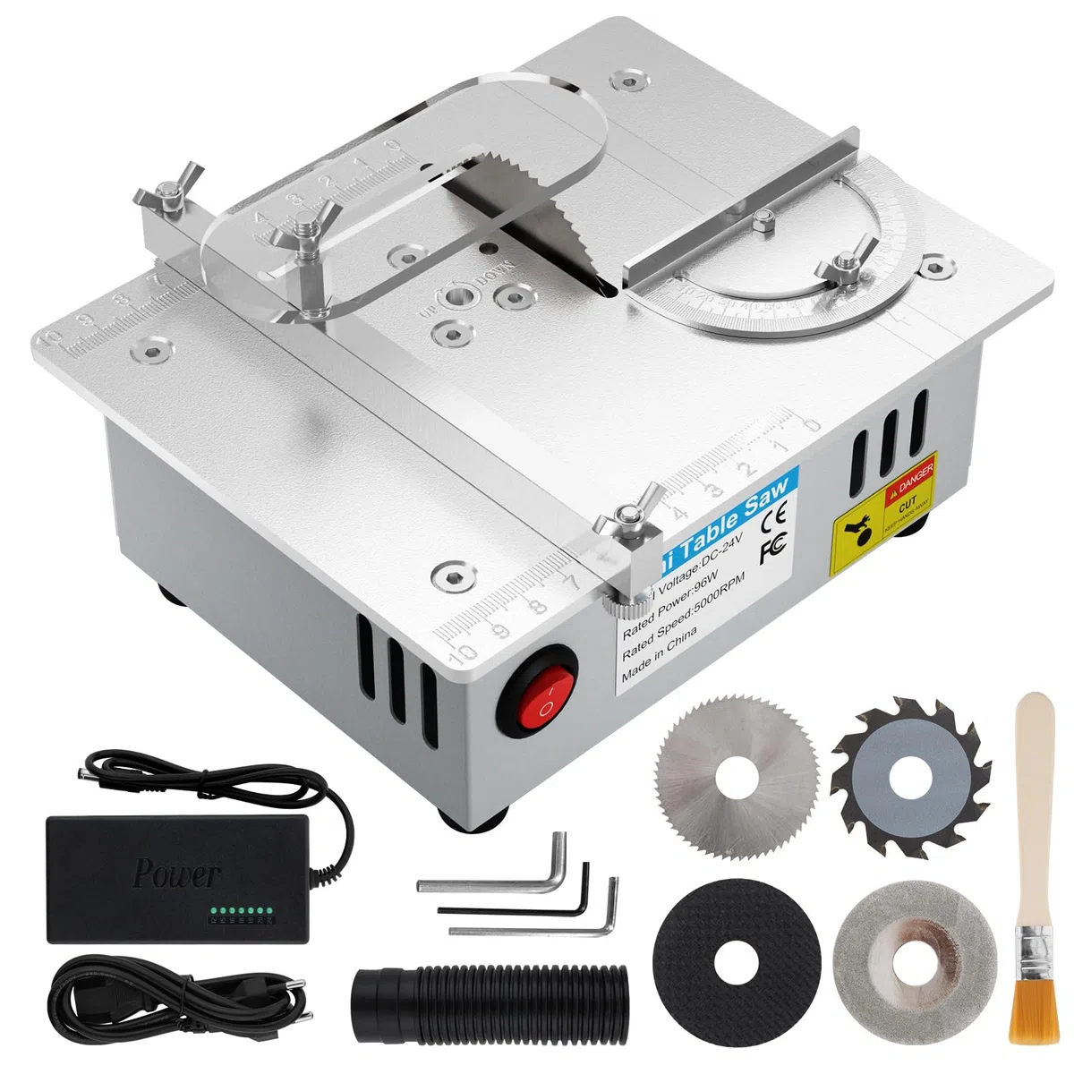 Mini Sega Circolare da Tavolo 96W, 7 Velocità Regolabili, Banco Sega Circolare per Legno con 4 lame, Lama Regolabile 0,1-15 mm, con Aletta di Sicurezza, per Lavorazione di Precisione su Legno