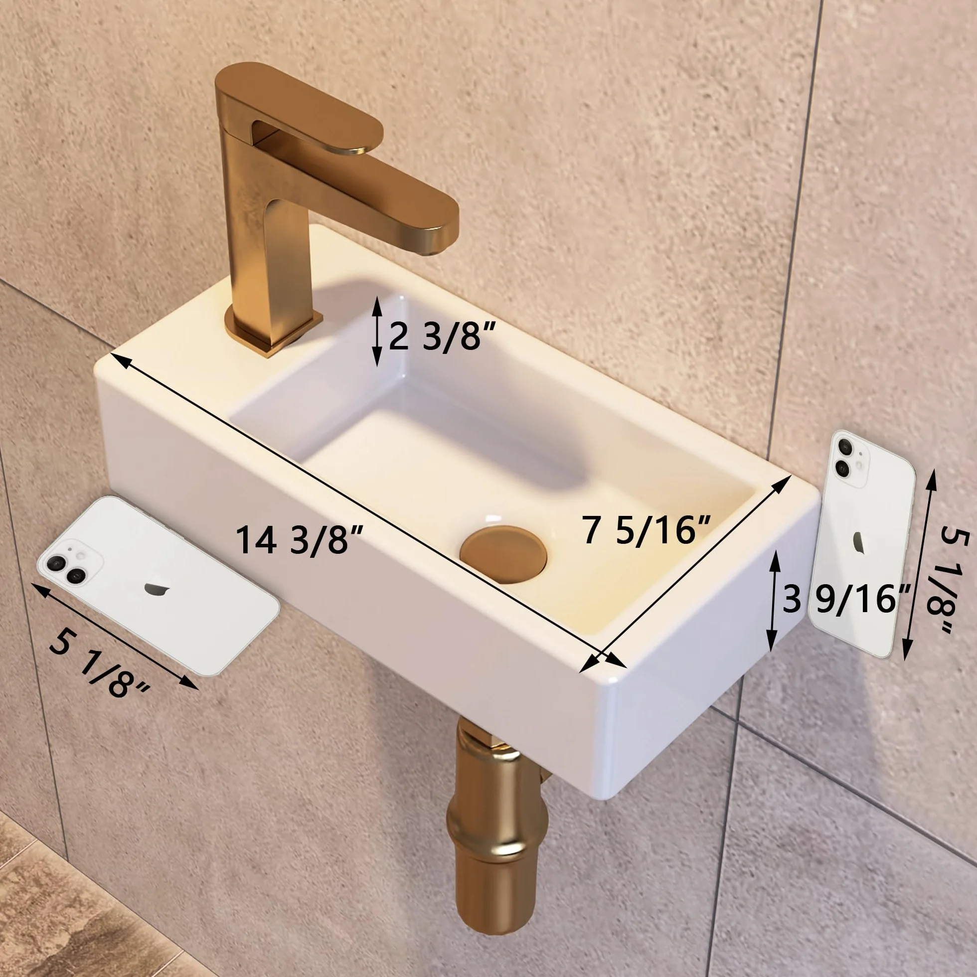 Small Bathroom Sink DeerValley, 15"x7" Mini Rectangle Wall Mount Vessel Sink for Bathroom Powder Room Cloakroom, Floating Space Saving Design, Easy to Clean White Ceramic Wash Basin (Left Hand)
