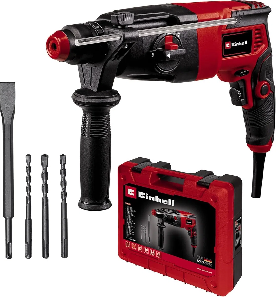 Tassellatore TC-RH 620 4F Kit di Einhell (620 W, percussione pneumatica, forza di percussione 2,2 J, tassellatura, foratura, scalpellatura con e senza fissaggio, SDS-Plus, blocco interruttore)