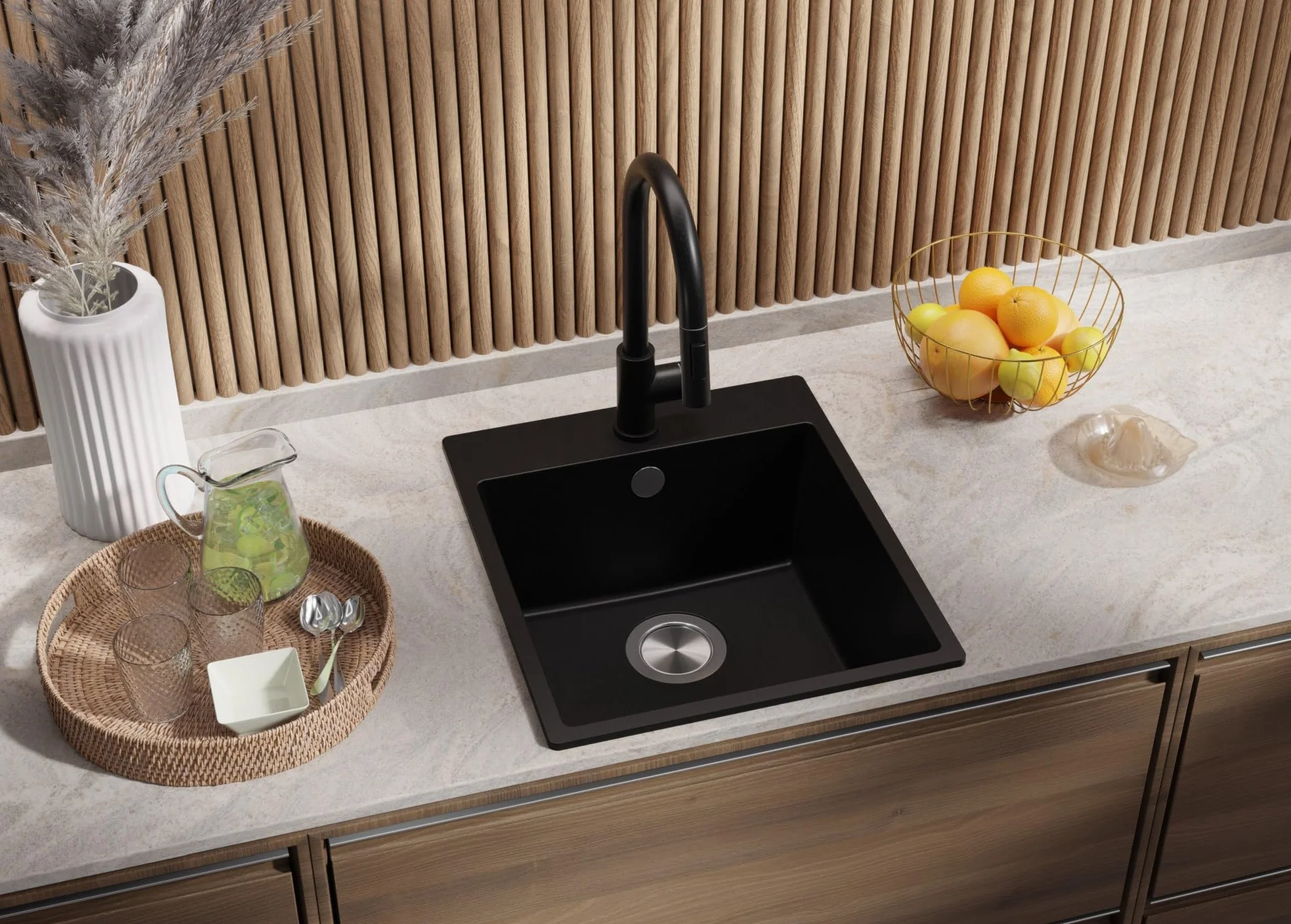 PRIMAGRAN Lavello da Cucina Nero 43x50cm, Lavandino in Granito a 1 vasca + Sifone Classico, Lavabo da Cucina Incasso al Mobile 45cm - Riga S125