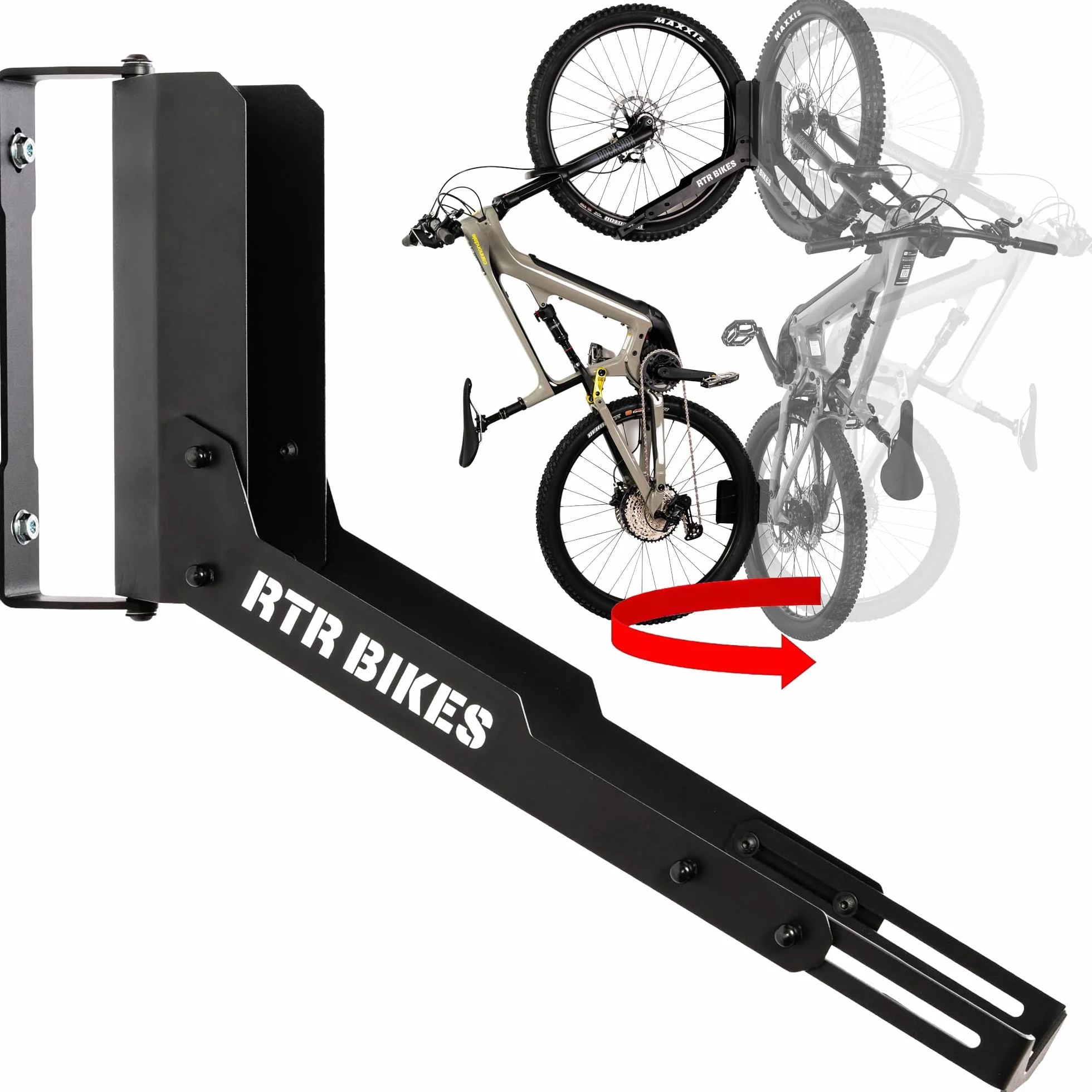 RTR BIKES Kranked Twist Gancio Bici Muro Girevole – Supporto Parete Verticale Ruotabile 180° – Per E-Bike e MTB fino a 30kg – Ruote 24-29" e Gomme 3,5" – Made in EU