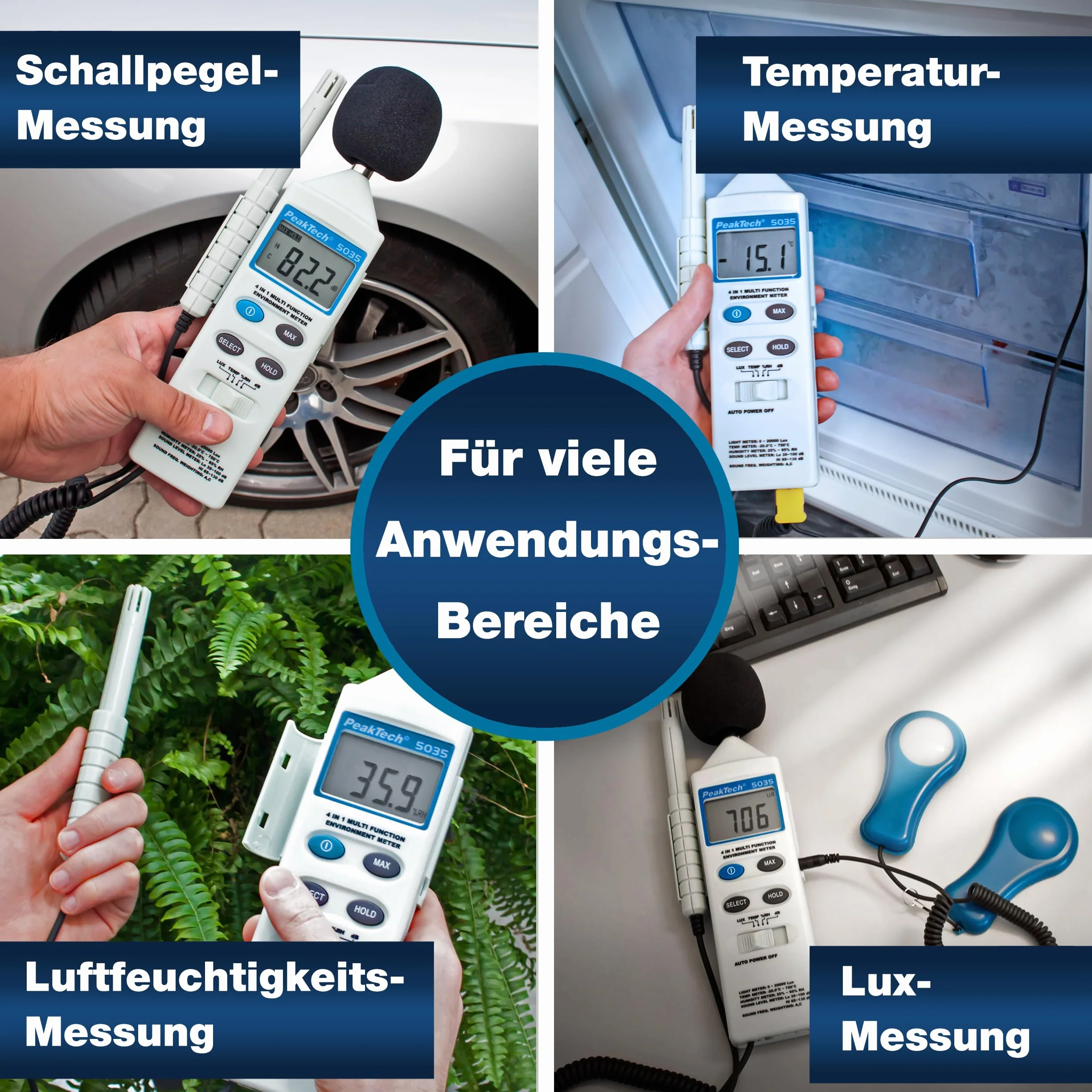Peaktech 5035 - Dispositivo di Misurazione Ambientale Multifunzione 4 in 1, Suono, Temperatura, Umidità e Luminosità, Schermo LCD, Sensore di Tipo K, Funzionamento a Batteria - 250G