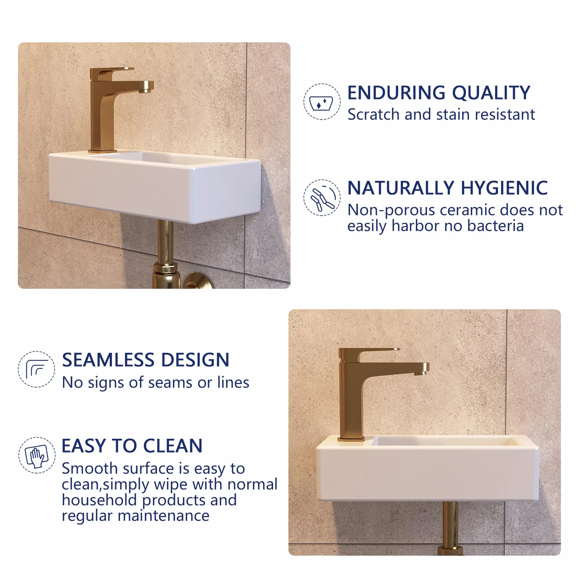 Small Bathroom Sink DeerValley, 15"x7" Mini Rectangle Wall Mount Vessel Sink for Bathroom Powder Room Cloakroom, Floating Space Saving Design, Easy to Clean White Ceramic Wash Basin (Left Hand)