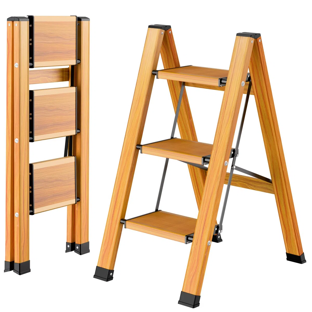 3 Gradini Scala Pieghevole in Alluminio, Scala Portatile Antiscivolo, Scala Multifunzione con Design a Trama Legno, Resistente fino a 150 kg per Casa, Cucina, Bagno, Campeggio