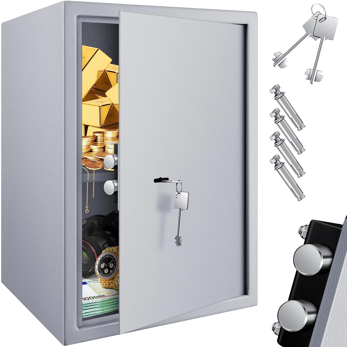 KESSER® Cassaforte per mobili con doppia serratura, cassaforte da parete, cassaforte da parete, 50 x 35 x 31 cm, con 2 chiavi e viti di fissaggio, argento