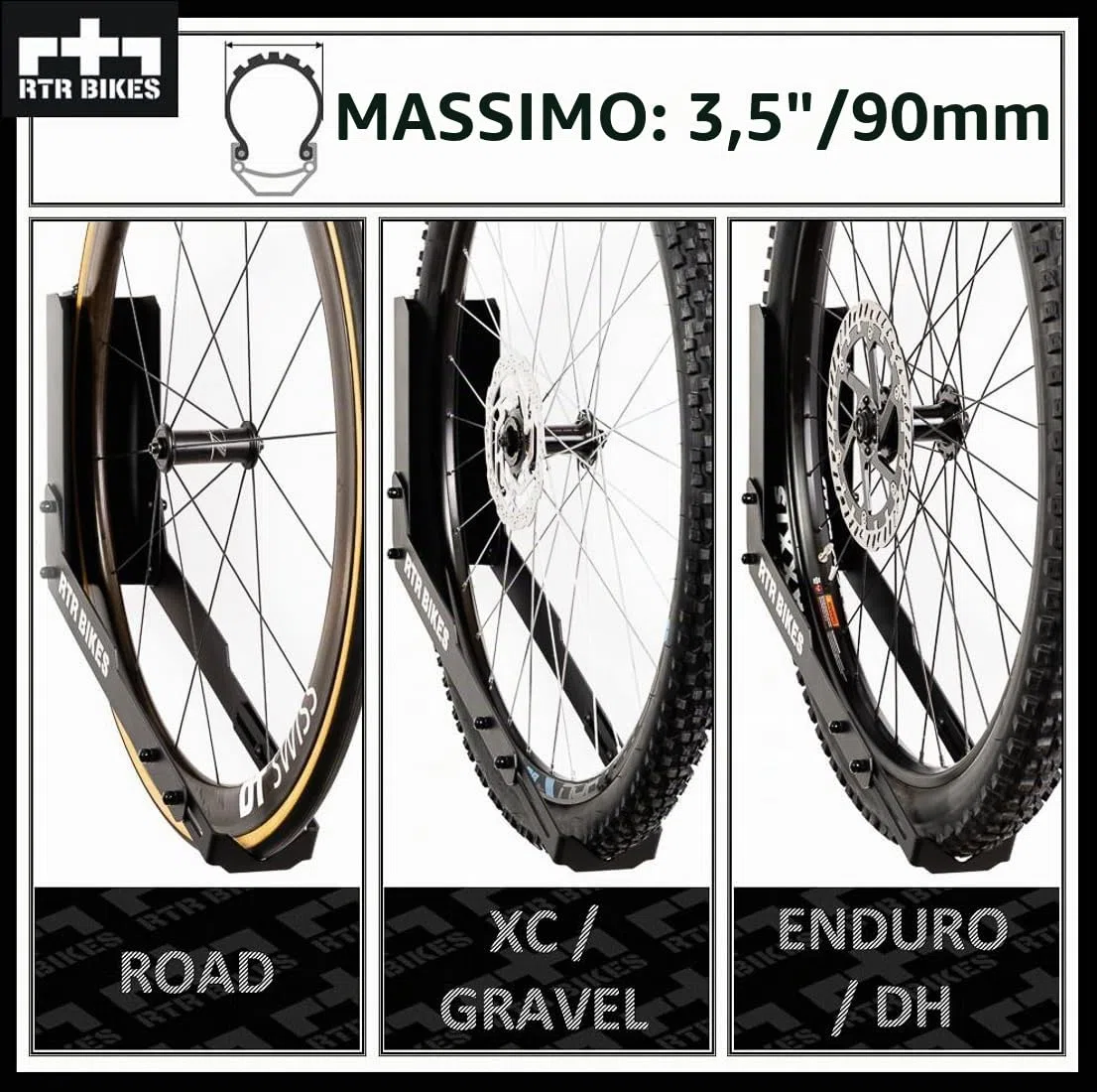 RTR BIKES Kranked Twist Gancio Bici Muro Girevole – Supporto Parete Verticale Ruotabile 180° – Per E-Bike e MTB fino a 30kg – Ruote 24-29" e Gomme 3,5" – Made in EU