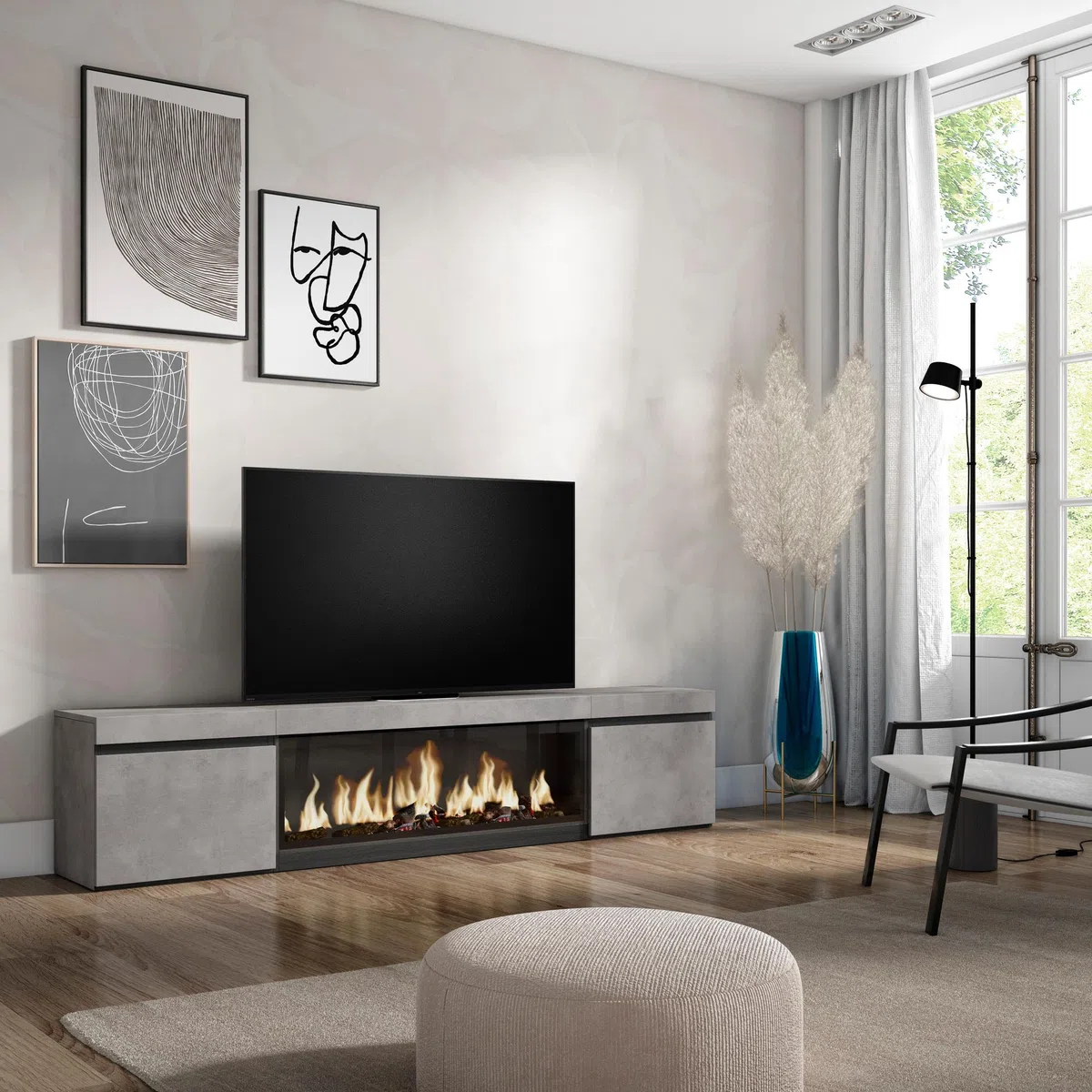 Skraut Home | Mobile TV Soggiorno | Ampio spazio a disposizione | 210 | Per TV fino a 80" | Camino elettrico XXL | Stile moderno | Cemento