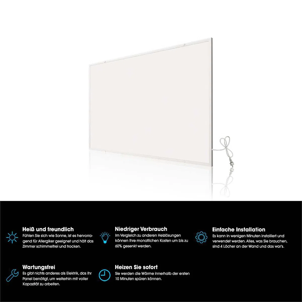 Wiltec Pannello radiante a infrarossi 350W 620x620x15 mm, Pannello elettrico per riscaldamento IR