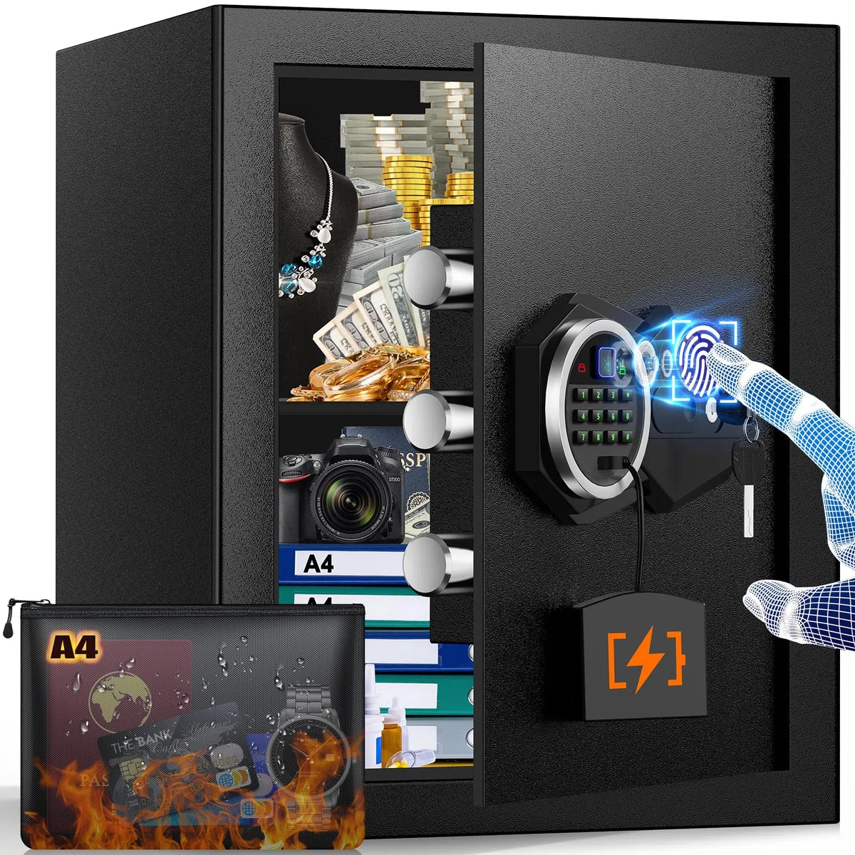 Mejasg 45L Cassaforte con impronta digitale con borsa ignifuga A4, cassaforte con impronta digitale per la casa con scaffale estraibile e sistema di allarme duale, cassaforte digitale per contanti
