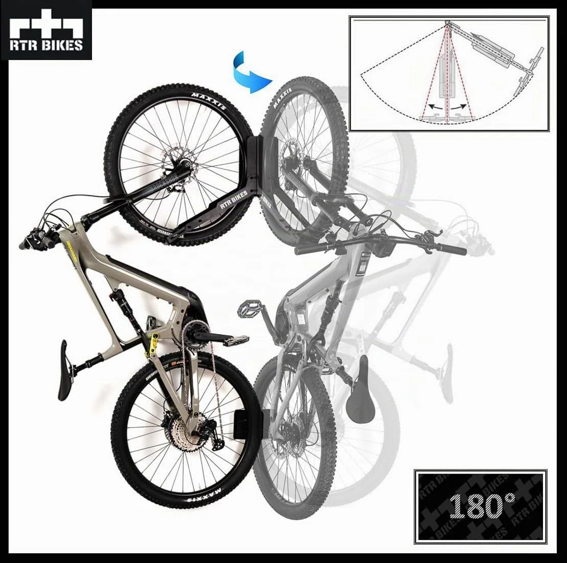 RTR BIKES Kranked Twist Gancio Bici Muro Girevole – Supporto Parete Verticale Ruotabile 180° – Per E-Bike e MTB fino a 30kg – Ruote 24-29" e Gomme 3,5" – Made in EU