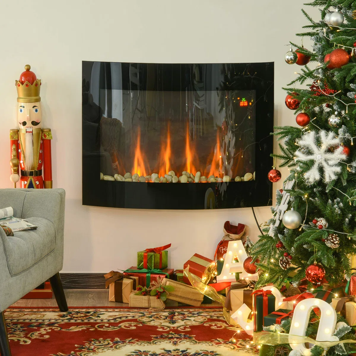HOMCOM Caminetto Elettrico da Parete con Effetto Fiamma Colorato e Telecomando, Camino Elettrico 1800W con Temperatura Regolabili, Termostato, Timer e Protezione da Surriscaldamento, Nero
