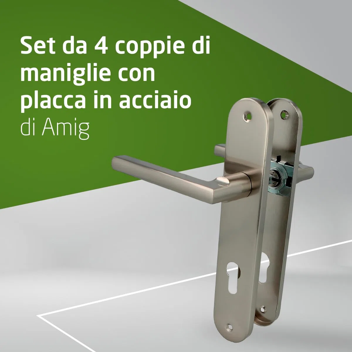 Amig - Confezione da 4 set di maniglie con piastra in acciaio per porte - mod. MAI PB85-240 x 45 mm – Quadretto da 8 mm – Design elegante e semplice – Con Bocallave – Alluminio nichel spazzolato