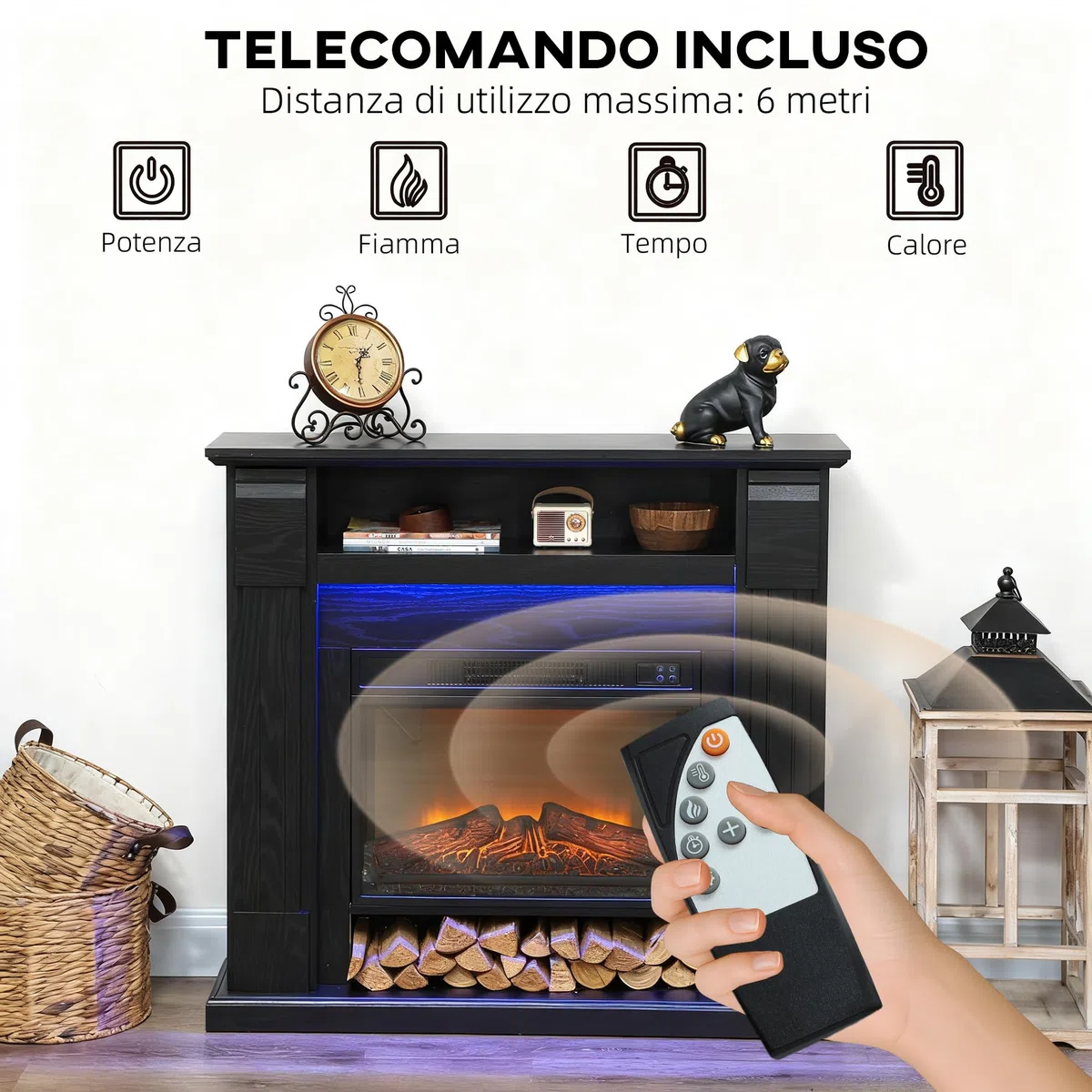 HOMCOM Camino Elettrico con Cornice Effetto Fiamma 3D Realistico 3 Luminosità, 1800W Caminetto Elettrico da Incasso/Terra, Luce LED, Riscaldamento Regolabile, 2 Telecomandi, Termostato, Timer, Nero