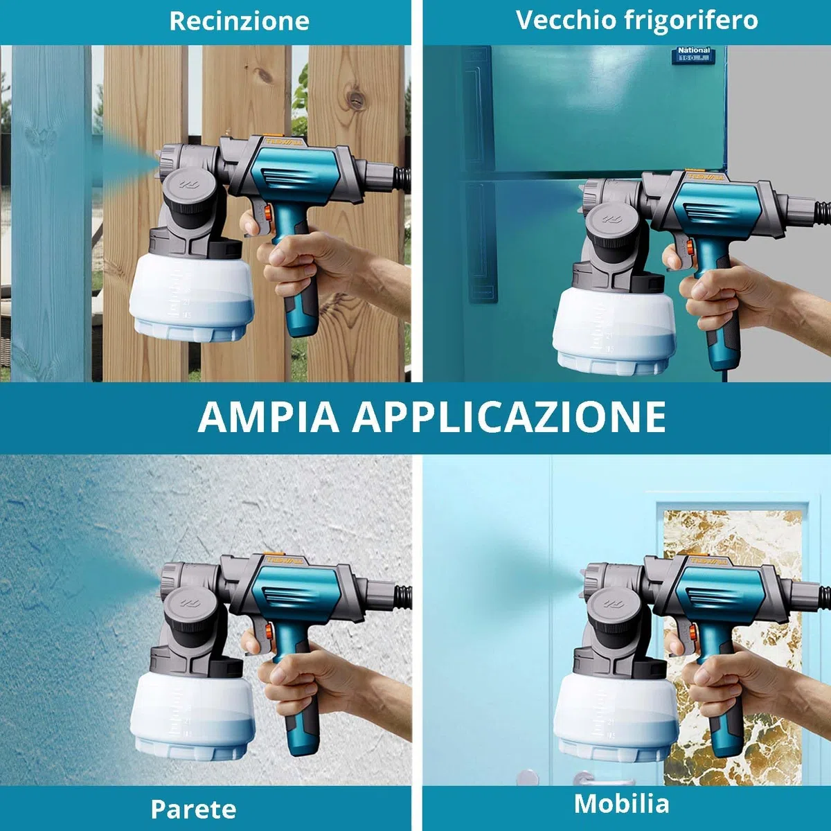 Tilswall Pistola a Spruzzo per Verniciare Shark 800, Pistola Vernice Elettrica con Contenitore 1300 ML, 4 Ugelli in Ottone e 3 Modalità di Spruzzo, 1200 ML/MIN, Facile da Pulire per Mobili, Pareti