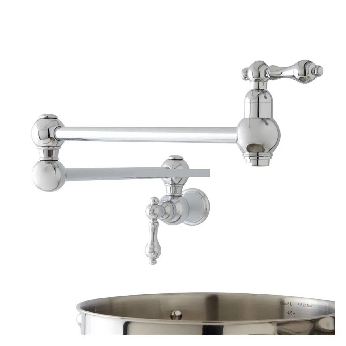 Rubinetto per il bagno, Rubinetto di riempimento pentola con doppia valvola di intercettazione montato a parete con maniglie a leva con beccuccio oscillante a doppio snodo da 22" per mobiletto(Silver