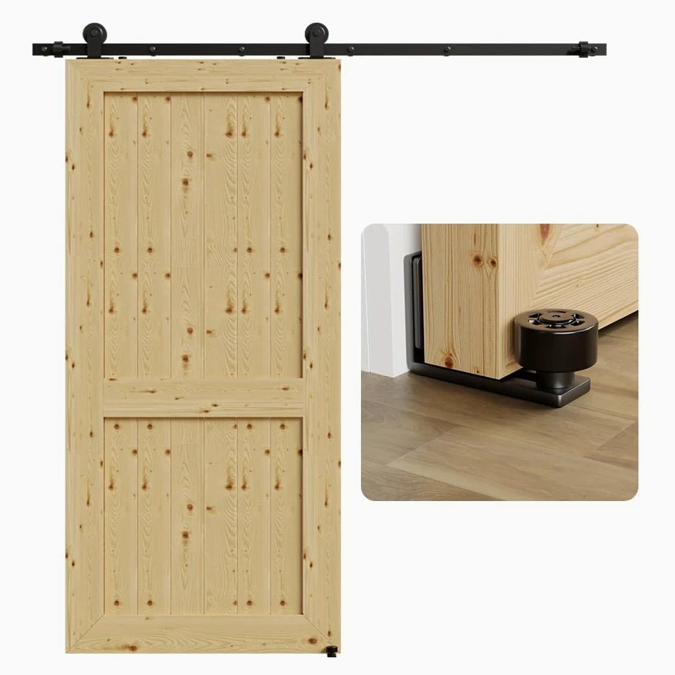TSMST 6.6FT/200CM Binario per Porta Scorrevole, Nero e Rustico Kit Accessori con Guida a Pavimento Regolabile