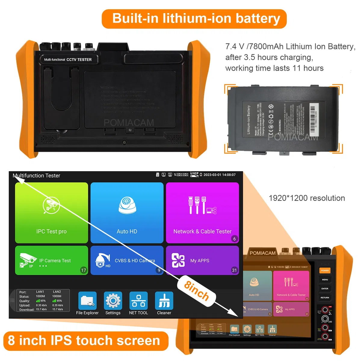 Tester multifunzione per telecamera IP 8K, schermo 8 K, H.265, 8 MP, TVI/CVI/AHD/SDI/CVBS, tester per cavi DMM TDR VFL, supporto 55 V POE+, porta SFP HDMI e VGA (modello: H12CLMOVTADHSEF)