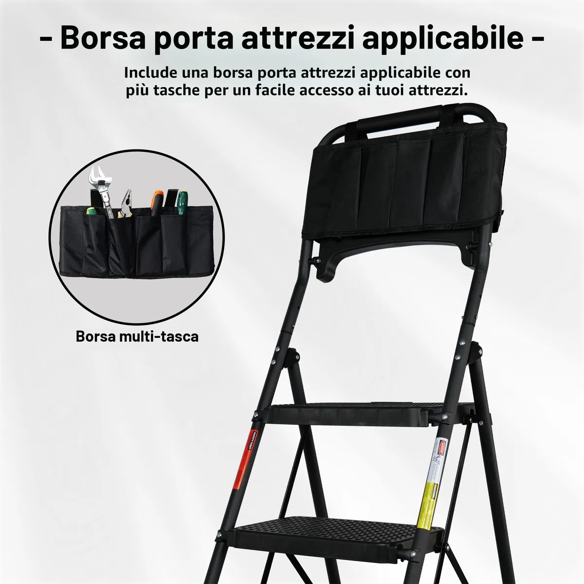 BONTEC Scala Pieghevole a 5 Gradini con Pedali Extra Larghe in Plastica Antiscivolo, Struttura in Ferro, Vassoio Portaoggetti e Borsa Attrezzi, Portata 150 kg, Facile da Riporre,Nero