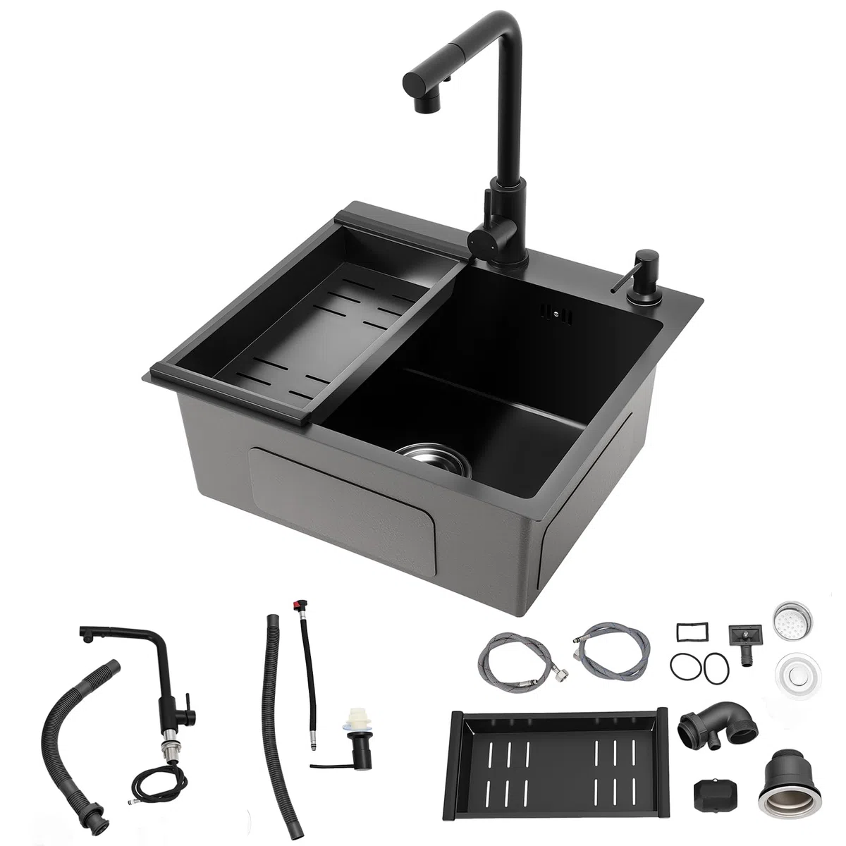 Lavello da cucina in acciaio inox, 50 x 45 cm, 1 vasca, nero con rubinetto estraibile, lavello da incasso, con dispenser per sapone, cestello, tubo di scarico