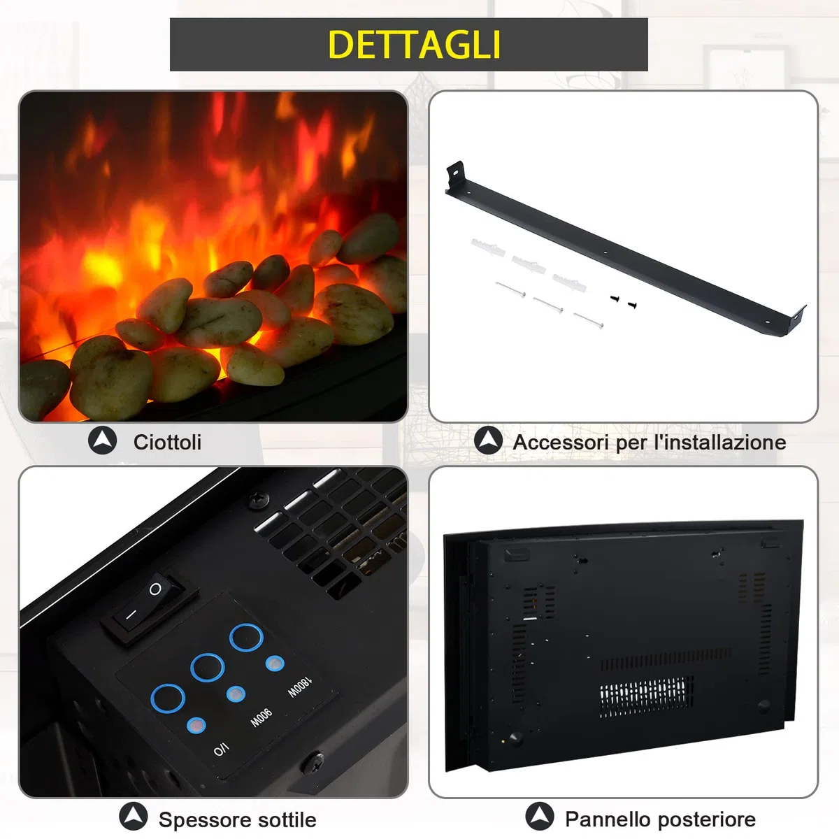 HOMCOM Caminetto Elettrico da Parete con Effetto Fiamma Colorato e Telecomando, Camino Elettrico 1800W con Temperatura Regolabili, Termostato, Timer e Protezione da Surriscaldamento, Nero