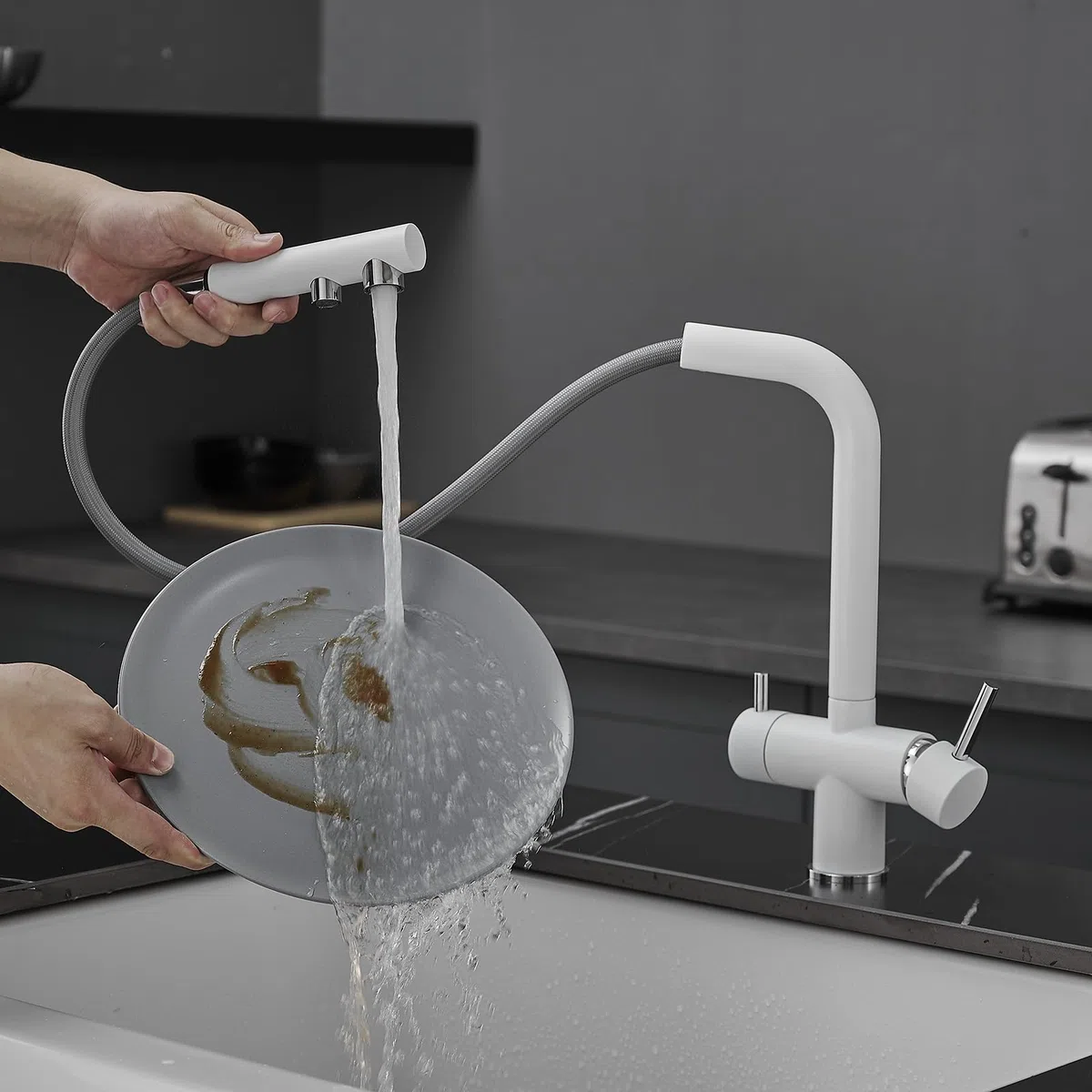 Rubinetto da Cucina a 3 Vie con Tubo Flessibile Estraibile, Rubinetto Rotante, Filtro per l'acqua, Miscelatore per lavello, Bianco