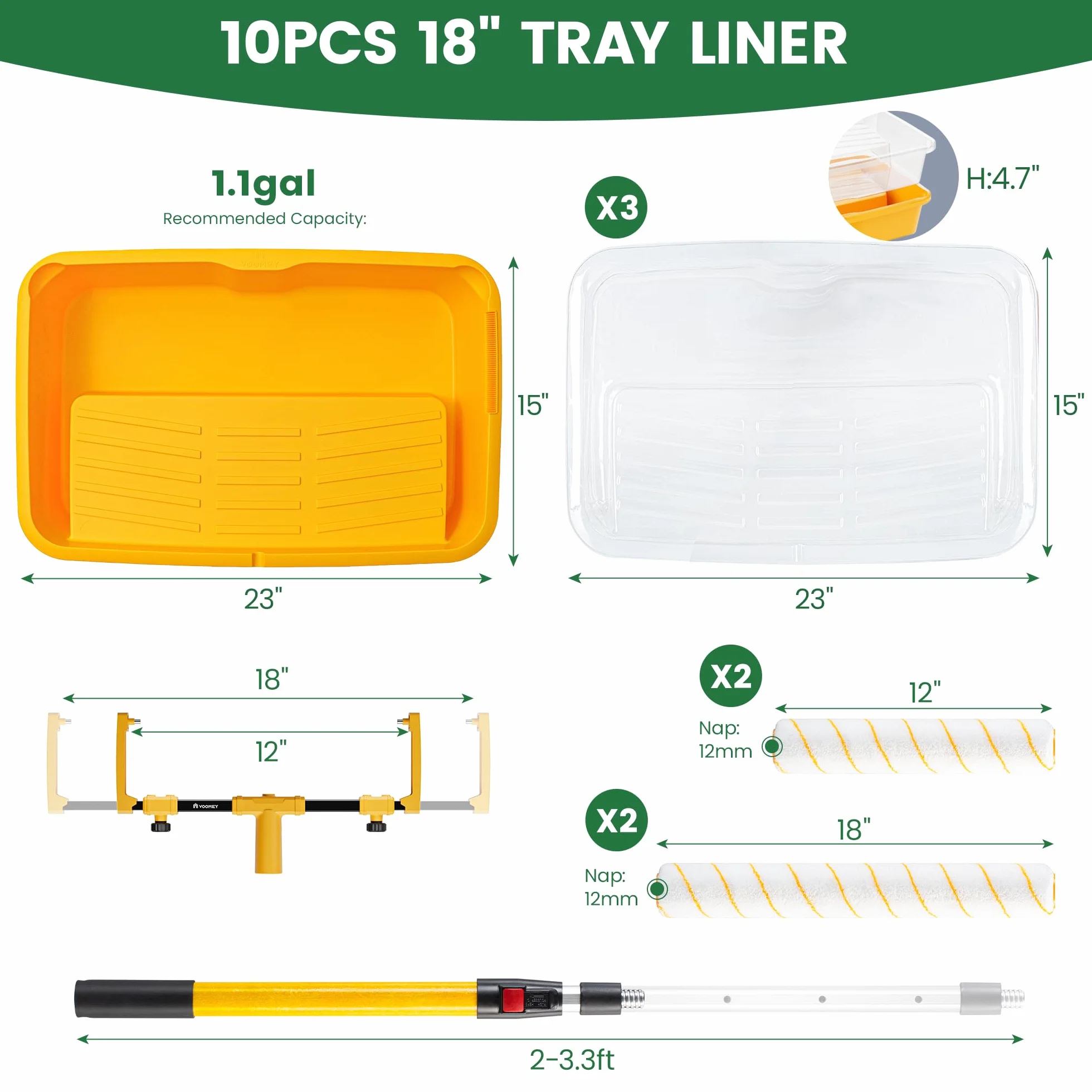 Set di Rulli da Pittura Voomey da 45,7 cm, Vassoio per Rullo da Pittura con Fodera da 10 Pezzi, Rullo da Pittura in Microfibra da 30,5 cm e 45,7 cm, Asta Estensibile per Rullo da Pittura, Adatto per