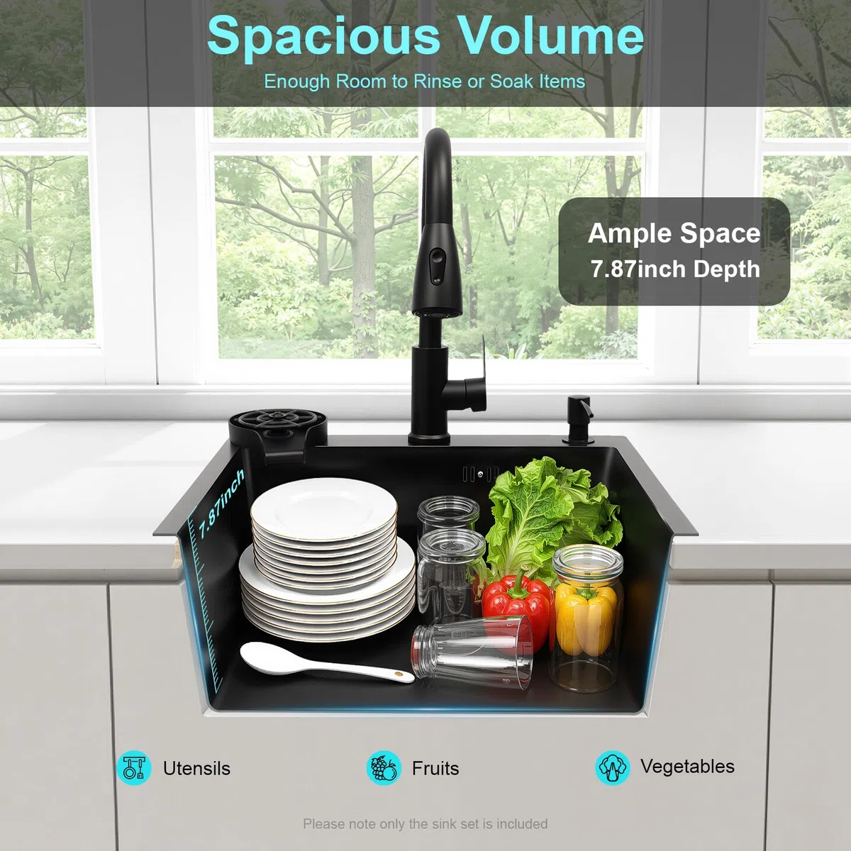 Lavello in acciaio inox 50 x 45 cm, nero, con rubinetto estraibile e portabicchieri, 1 vasca del lavello, dispenser di sapone, cestello filtro