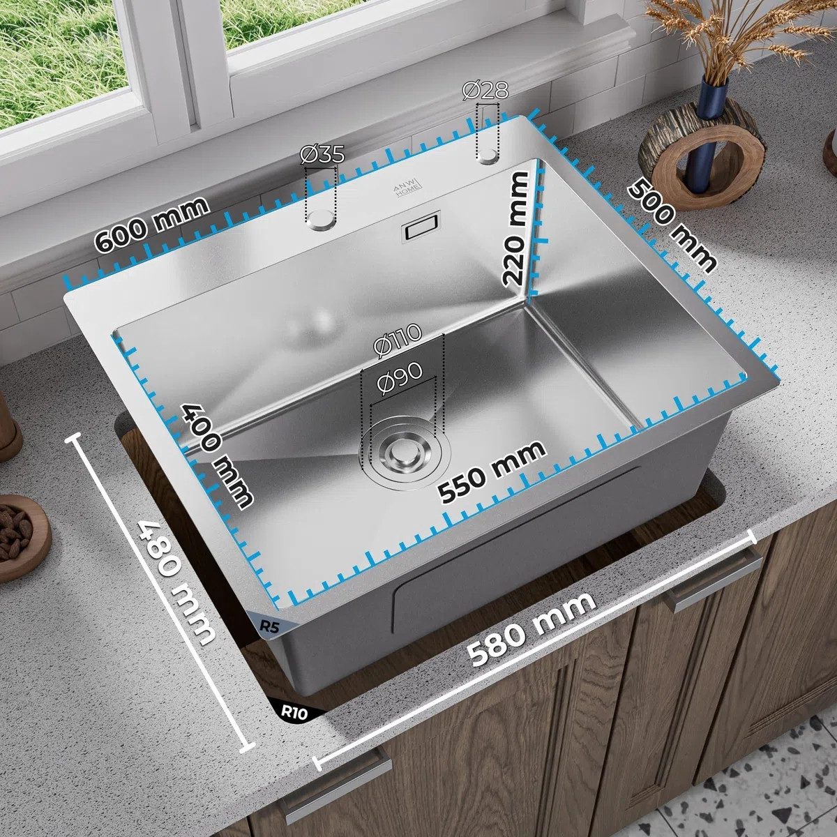 ANW HOME Lavello Cucina 1 Vasca, Lavandino Cucina in Acciaio Inox 304 con Montaggio Superiore, 60x50 cm, Argento, Finitura Nano, Spessore 3+1 mm, Profondità 22 cm, con Sifone