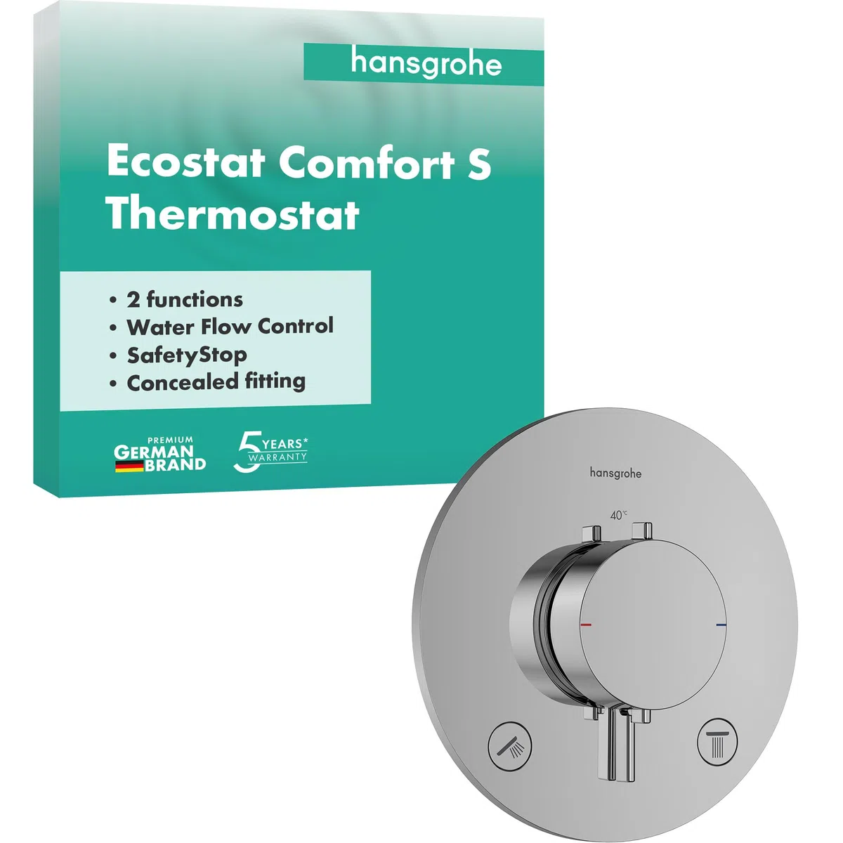 hansgrohe Ecostat Comfort S - Miscelatore termostatico incasso, Rubinetto termostatico con blocco di sicurezza (SafetyStop) a 40° C, Termostato rotondo, 2 utenze, cromo, 33715000