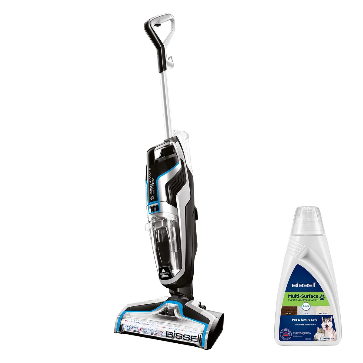 BISSELL CrossWave Pet Pro | Aspirapolvere/Lavando/Asciugatrice | 3 In 1 Per Animali Domestici | Ideale Per Tappeti, Piastrelle & Pavimenti In Legno | Formula Inclusa | 74dB | Nero/Titanio/Blu | 2225N