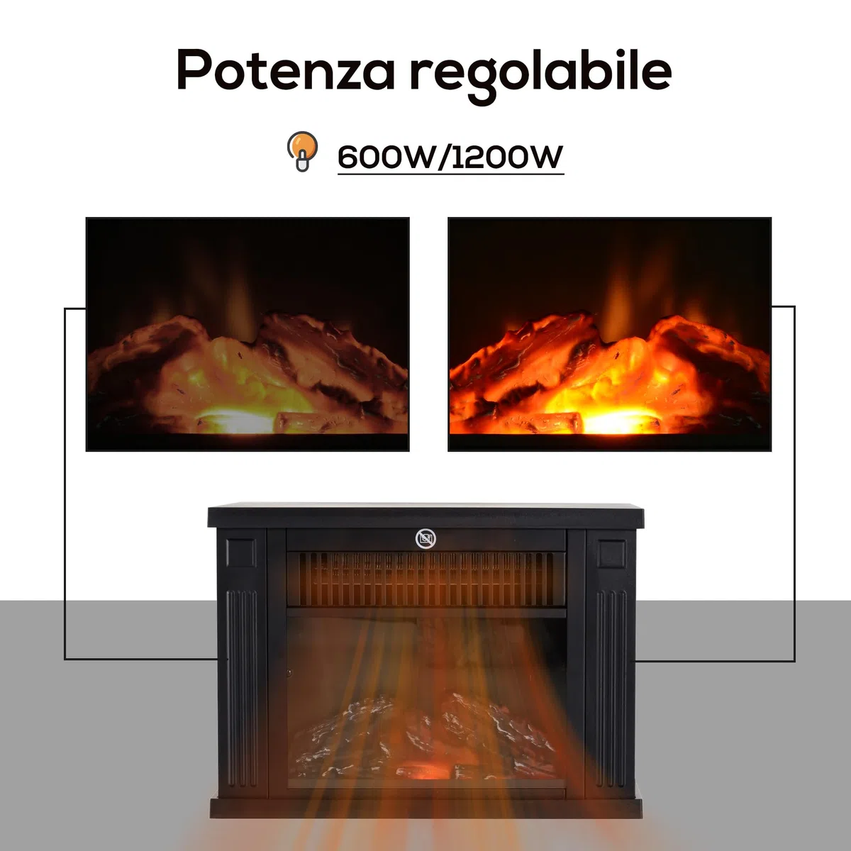 HOMCOM Camino Elettrico da Tavolo con Effetto Fiamma, Caminetto Elettrico da Terra con Potenza Regolabile 600/1200W, Temperatura Regolabile, Copertura 10-15m², Nero