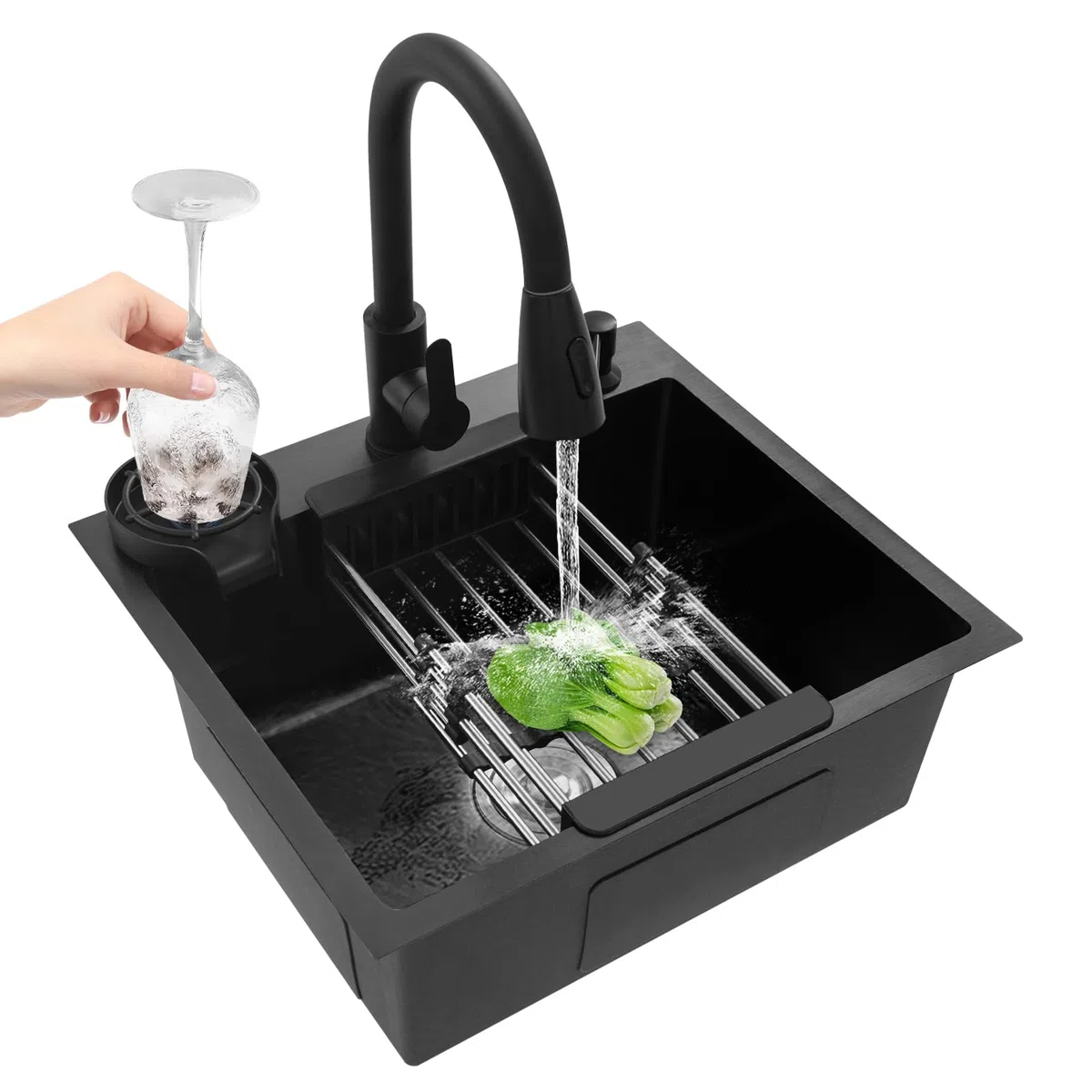 Lavello da incasso in acciaio inox, 50 x 45 cm, colore nero, con rubinetto estraibile + risciacquo + cestello di scarico + dispenser di sapone, lavello da cucina, 1 bacino per un uso facile