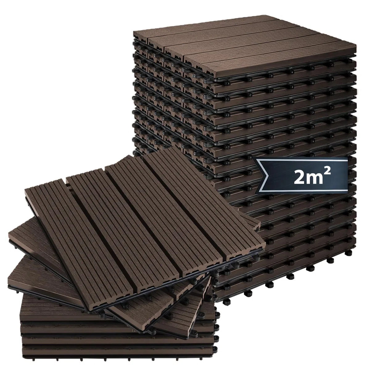 Montafox Piastrelle WPC 30x30 cm 11 Pezzi / 1 m² o 22 Pezzi / 2 m² a Incastro Effetto Legno Pavimento per Terrazza e Balcone, Dimensione:2 m² | 22 Piastrelle, Colore:Marrone Scuro