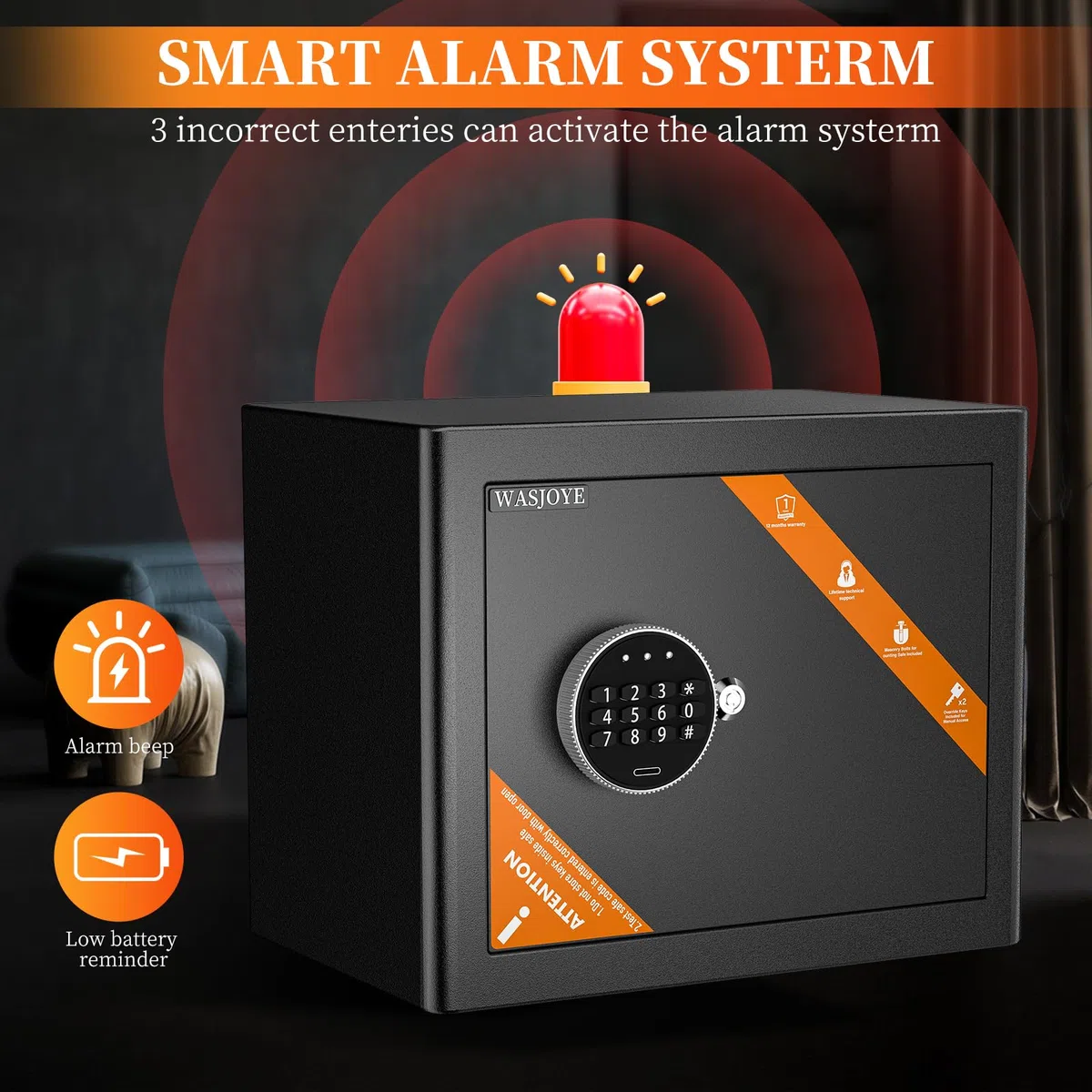 WASJOYE 25L Cassaforte con Chiave, Cassetta di Sicurezza per Denaro Tastiera Digitale Elettronica,Casseforti da Armadio per Casa Ufficio Hote Attività Commerciale Gioielleria Pistola Contanti