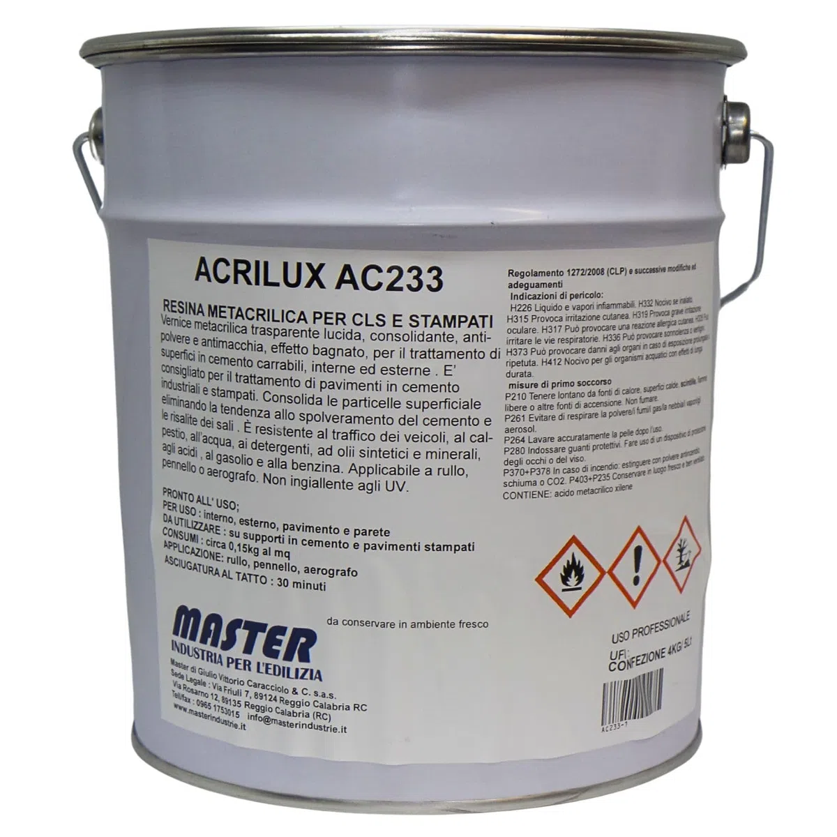 Resina Trasparente Lucida Monocomponente Metacrilica Cemento Pavimenti Pareti Pavimenti Stampati Garage Parcheggi Cucina Piscina Effetto Bagnato Resistente (4,6 LT) Acrilux