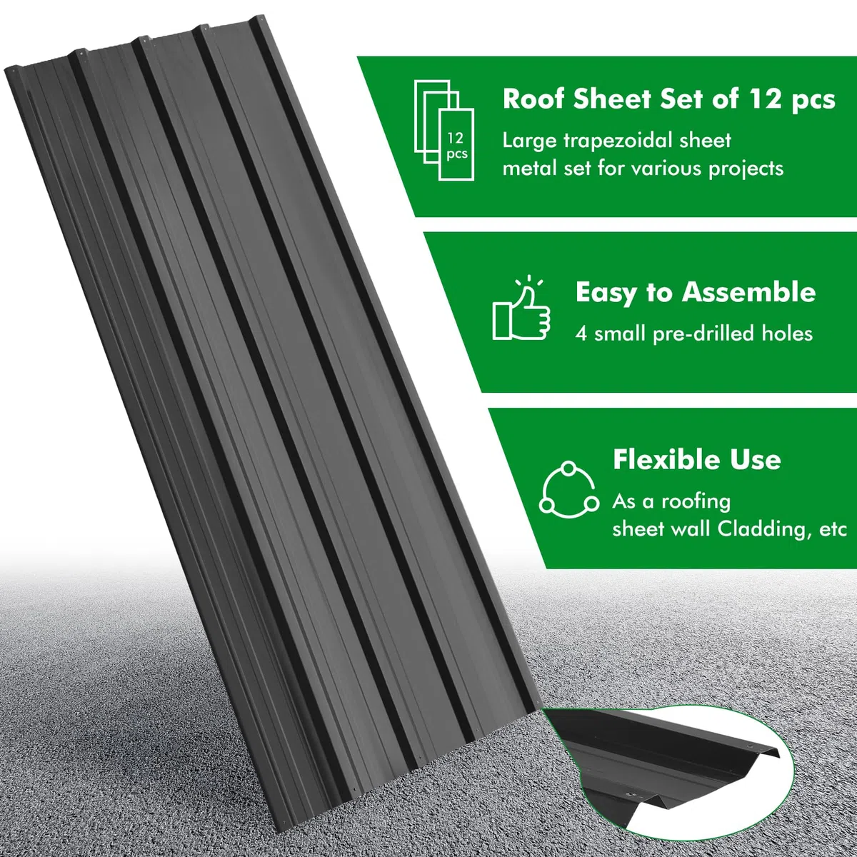 12 fogli trapezoidali, 7 m², 110 x 45 cm, in metallo zincato, antiruggine, resistente alle intemperie, profilato, lamiera ondulata, pannelli per tetto, casetta per attrezzi (BLACK-12PCS)
