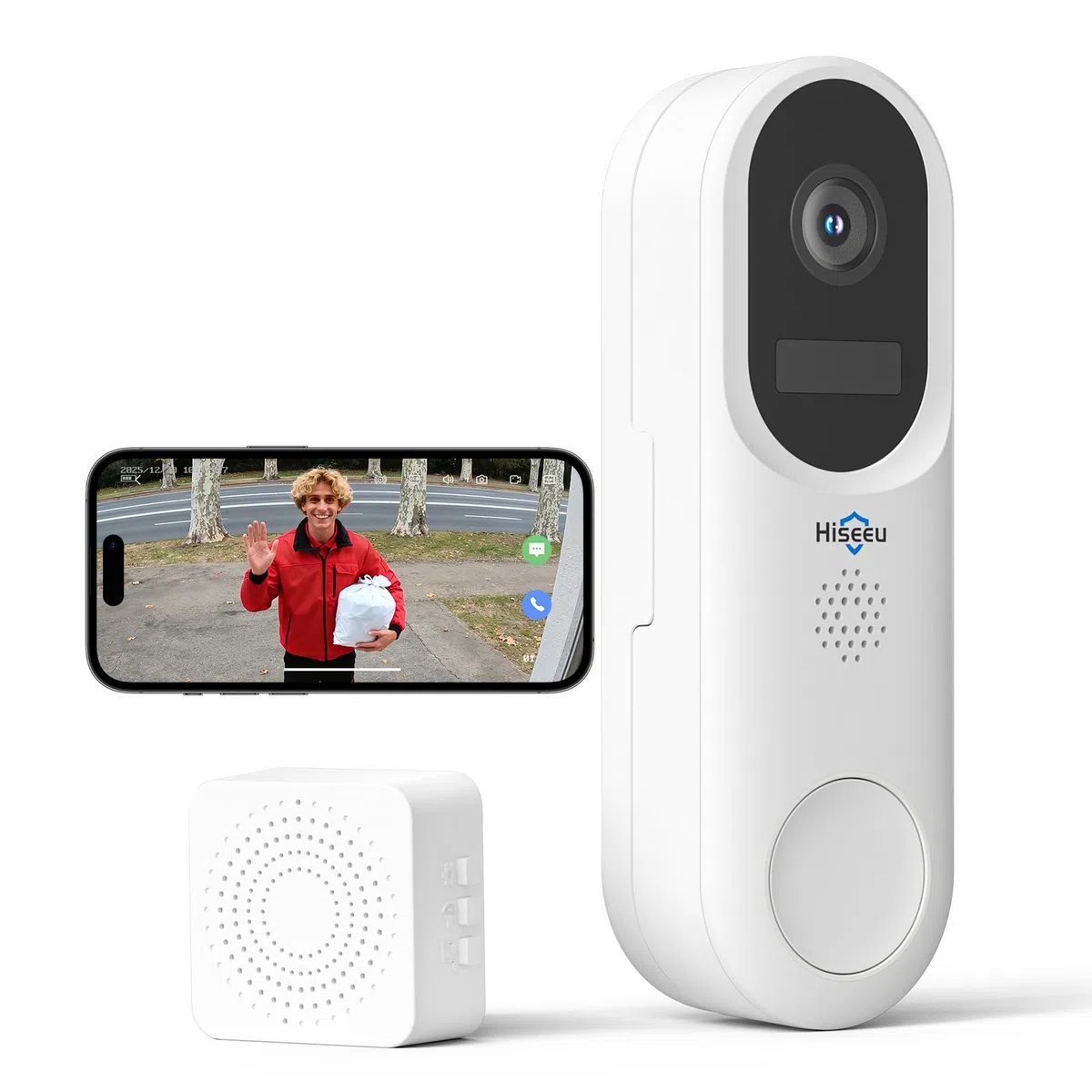 Hiseeu Campanello Video Wireless 2K–Avviso Istantaneo, Audio Bidirezionale, Rilevamento Movimento PIR, Visione Notturna Colori, Batteria Ricaricabile,WiFi 2.4G/5GHz,Richiede il kit