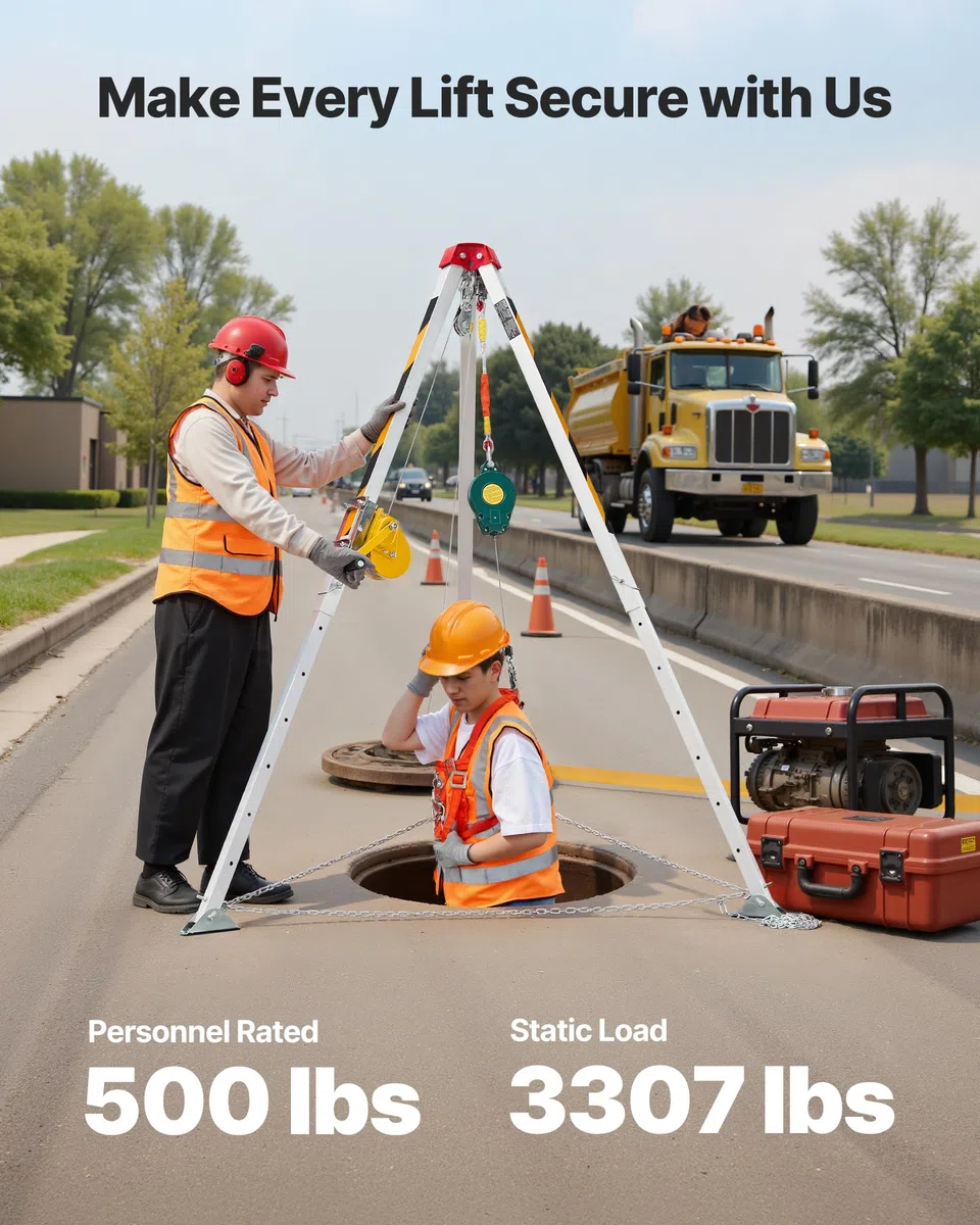 VEVOR Kit Treppiede per Spazi Confinati, Paranco di Sollevamento per Treppiede di Salvataggio per Impieghi Gravosi, Verricello da 544 kg, Lunghezza Gambe Regolabili da 1,34 a 2,15 m, Cavo da 30 m