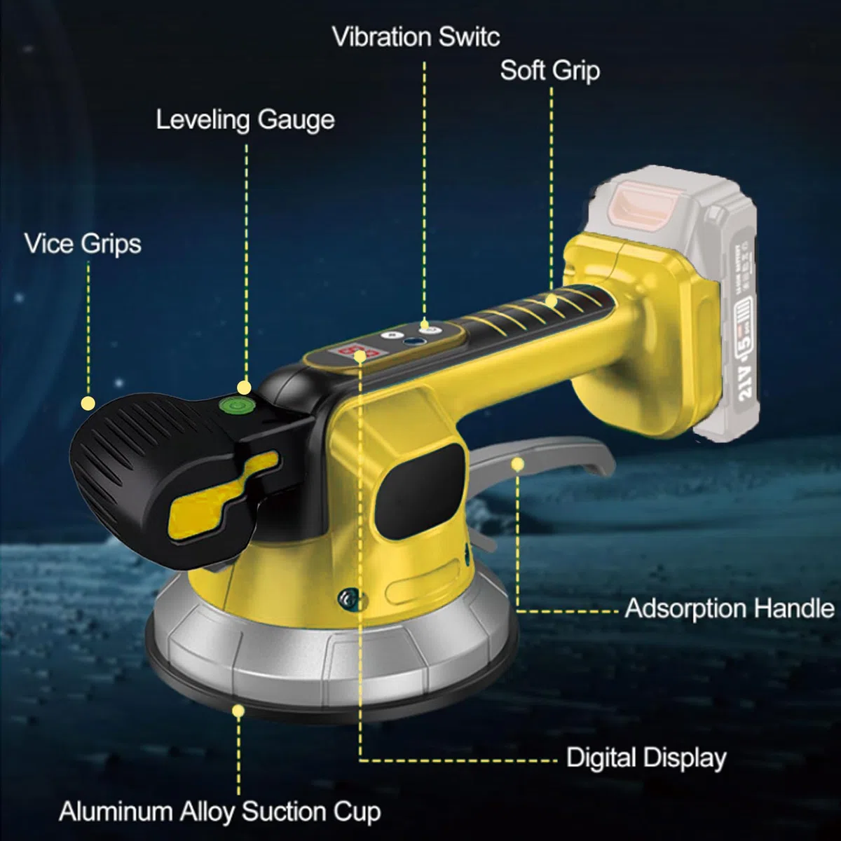 Strumento vibrante senza fili per piastrelle, compatibile con batteria Dewalt da 20 V, macchina per piastrelle con 10 ingranaggi regolabili, assorbimento 850 kg, motore 23000 giri/min, ventosa da 14,5