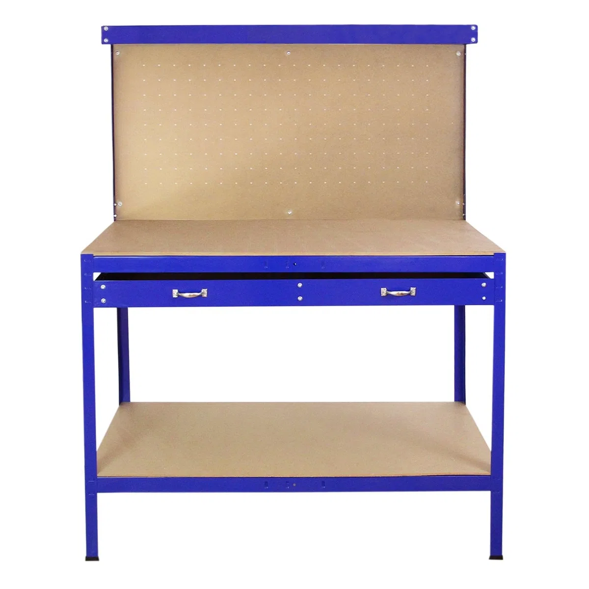 Banco da Lavoro a 3 Livelli con Piano da 120x60cm Ultra Resistente e Pannello Parete Forata Porta Attrezzi Utensili e 40 Ganci universali GRATIS + 2 Mensole e Cassetto - Blu