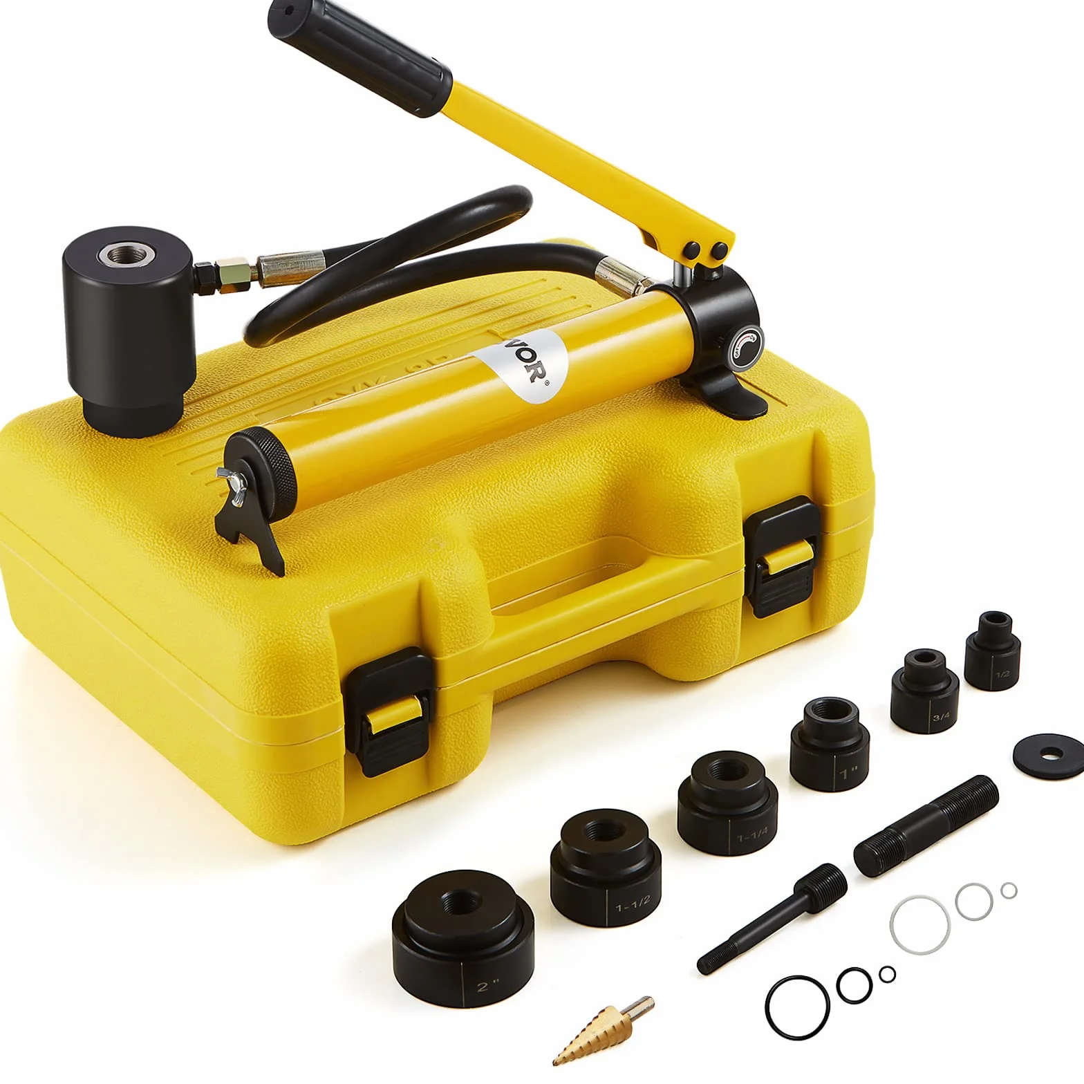 VEVOR Kit di Perforazione Idraulica ad Eliminazione Diretta 10 Ton, Punzonatrice Idraulica in Acciaio Strumento di Perforazione con 6 Set di Punzione per Cantieri, Manutenzione e Fai-Da-Te, Giallo