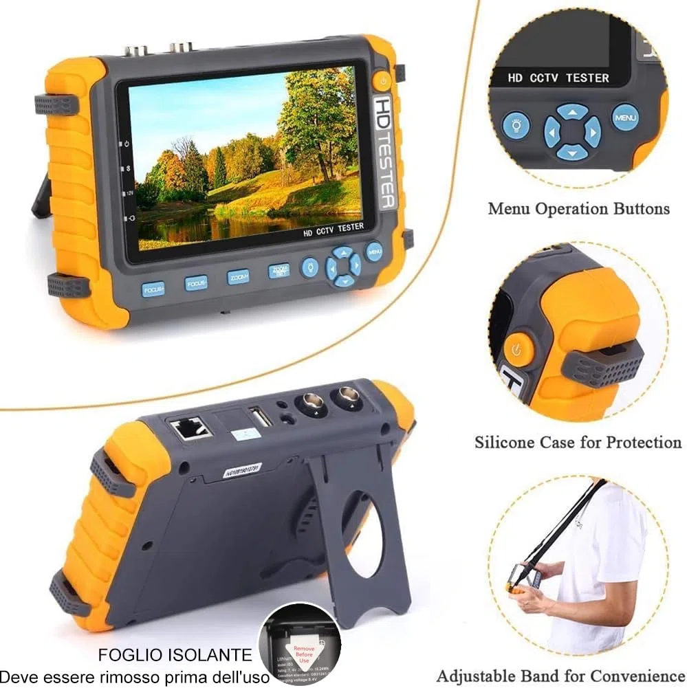 Tester videosorveglianza TVCC 4 in 1, supporta test telecamera 5MP AHD 5MP TVI 4 MPVCVI CVBS con ingresso VGA/HDMI, prova cavo RS485 UTP, potenza di uscita CC 12V 1A