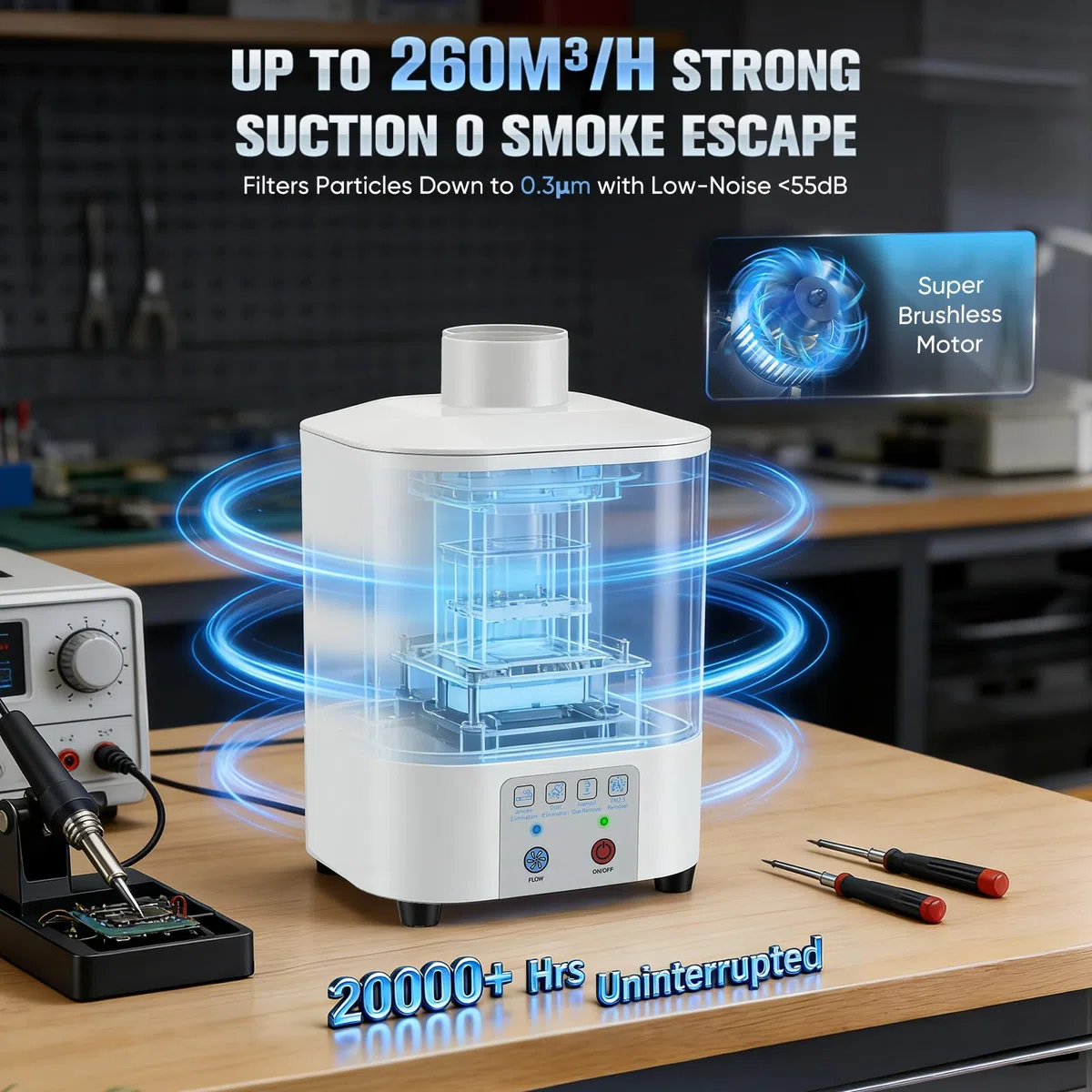Aspirazione fumi di saldatura Estrattore da tavolo da 50 W 128 m³/h, sistema di filtraggio a 3 stadi con carbone attivo + HEPA, assorbitore compatto di fumi di saldatura per stazione di saldatura sald