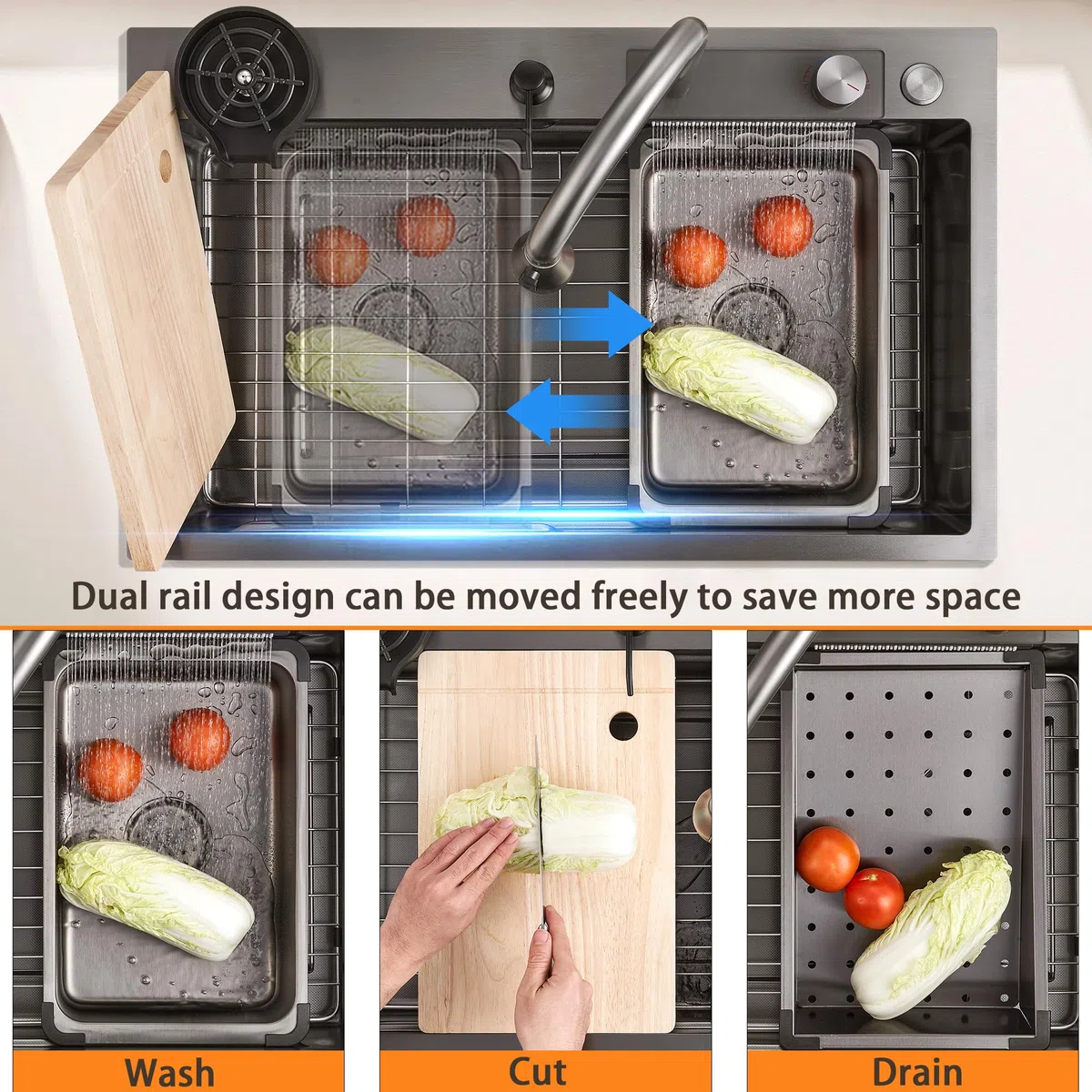 Lavello da cucina a cascata Ribanedy 66 x 50 cm, lavello da cucina in acciaio inossidabile grigio scuro, versatile lavello moderno a vasca singola con rubinetto a spruzzo estraibile e accessori