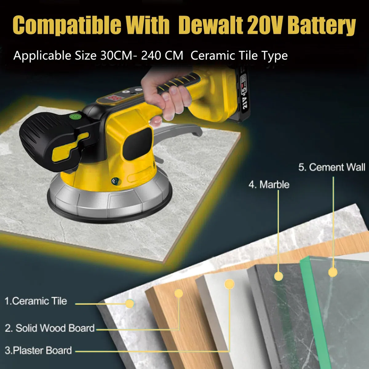 Strumento vibrante senza fili per piastrelle, compatibile con batteria Dewalt da 20 V, macchina per piastrelle con 10 ingranaggi regolabili, assorbimento 850 kg, motore 23000 giri/min, ventosa da 14,5