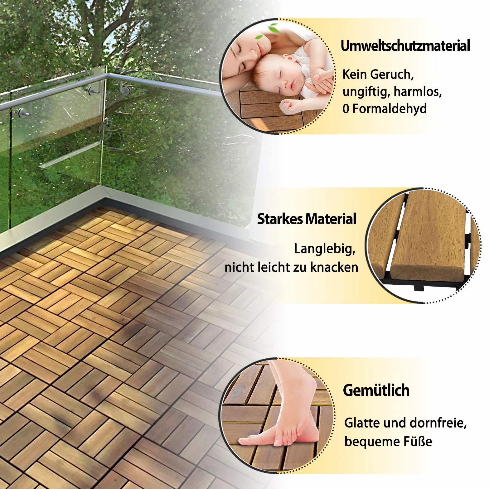 UISEBRT Piastrelle in legno di acacia, 30 x 30 cm, 2 m², piastrelle da giardino, drenaggio, facile da posare, per terrazze e balconi, modello B, 22 pezzi