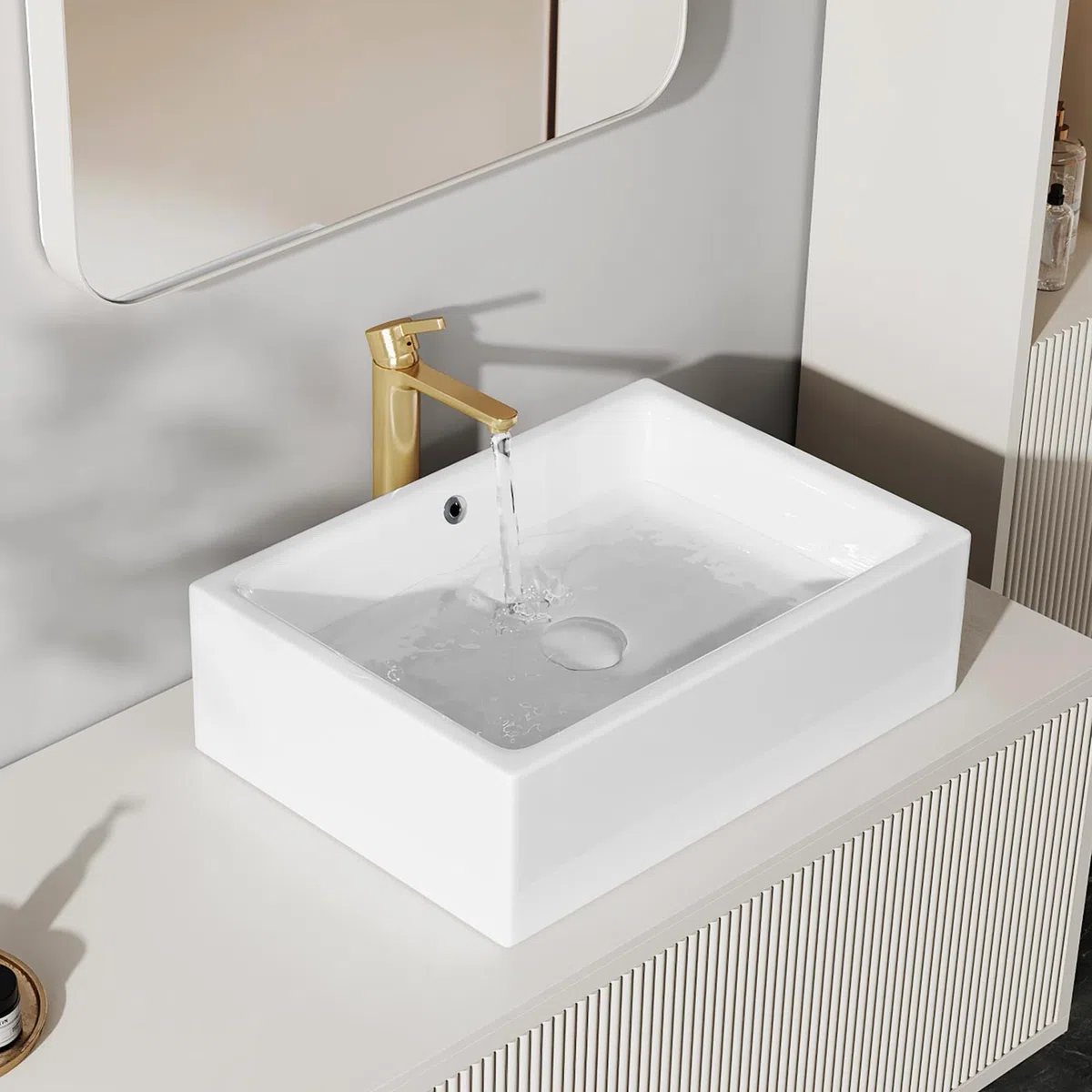 Eridanus Lavabo rettangolare in ceramica, 51 x 37 x 15 cm, lavabo da appoggio per vasca da bagno, moderno lavabo bianco, lavabo da tavolo, lavabo con foro per rubinetto, lavabo a mano