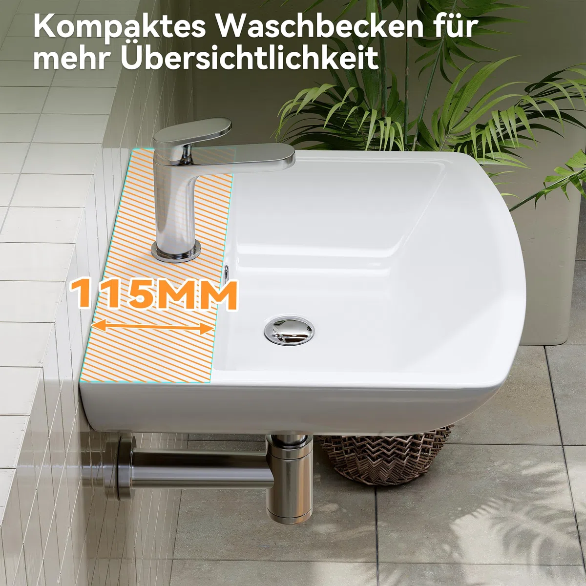 HOROW Lavabo da bagno piccolo con troppopieno, lavabo da tavolo, per bagno degli ospiti, lavabo sospeso, lavabo da parete con foro per rubinetto, in ceramica, bianco, 50 cm