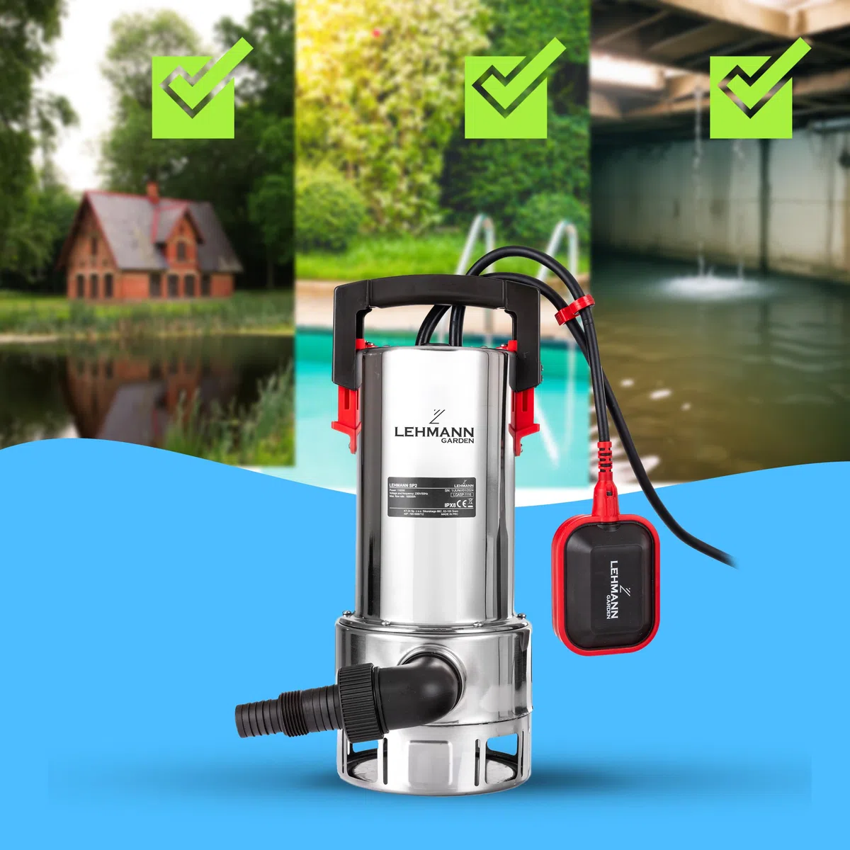 LEHMANN Pompa Sommersa con Galleggiante Integrato per Acqua Sporca e Pulita, 1100 W, con Motore a Induzione Brushless, Portata 16500 l/h, Altezza di Mandata 10,5 m, Diametro 35 mm